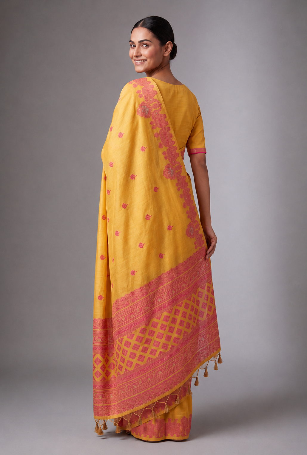 Haldi Yellow Cotton Saree with Kesari Orange threadwork