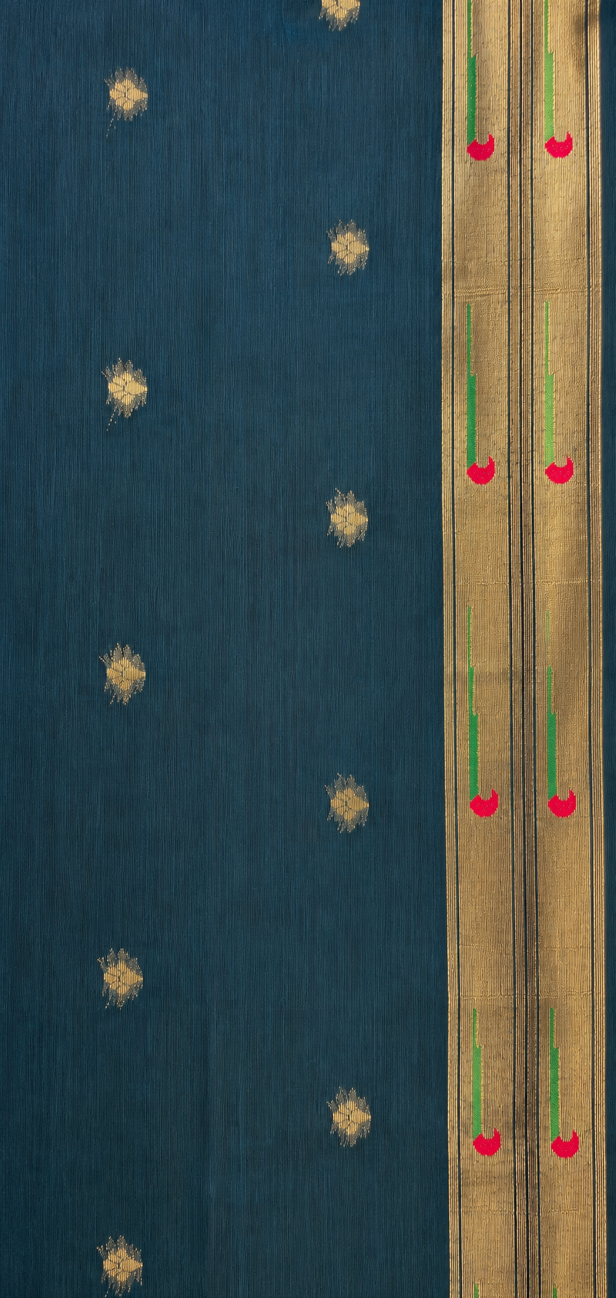 Sapphire Blue Jamdhani Cotton Paithani Saree with Zari Stripes, Sequins work and Mayūra-mithuna Pallu