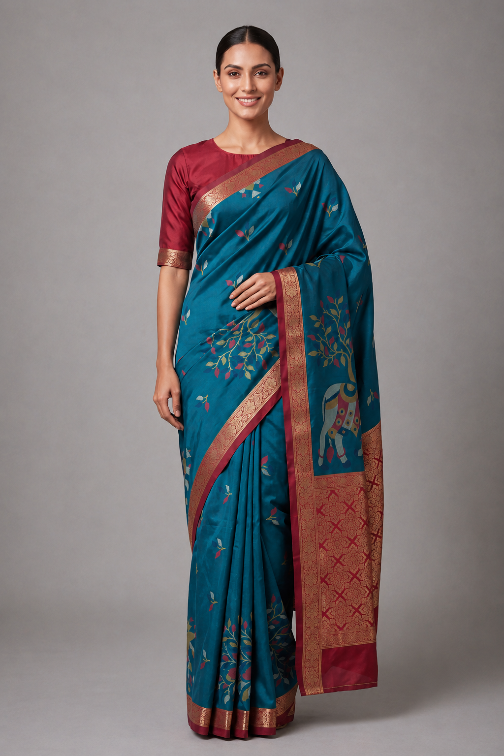 Turquoise Blue Katan Silk Saree with Aghnya Print and Zari Pallu