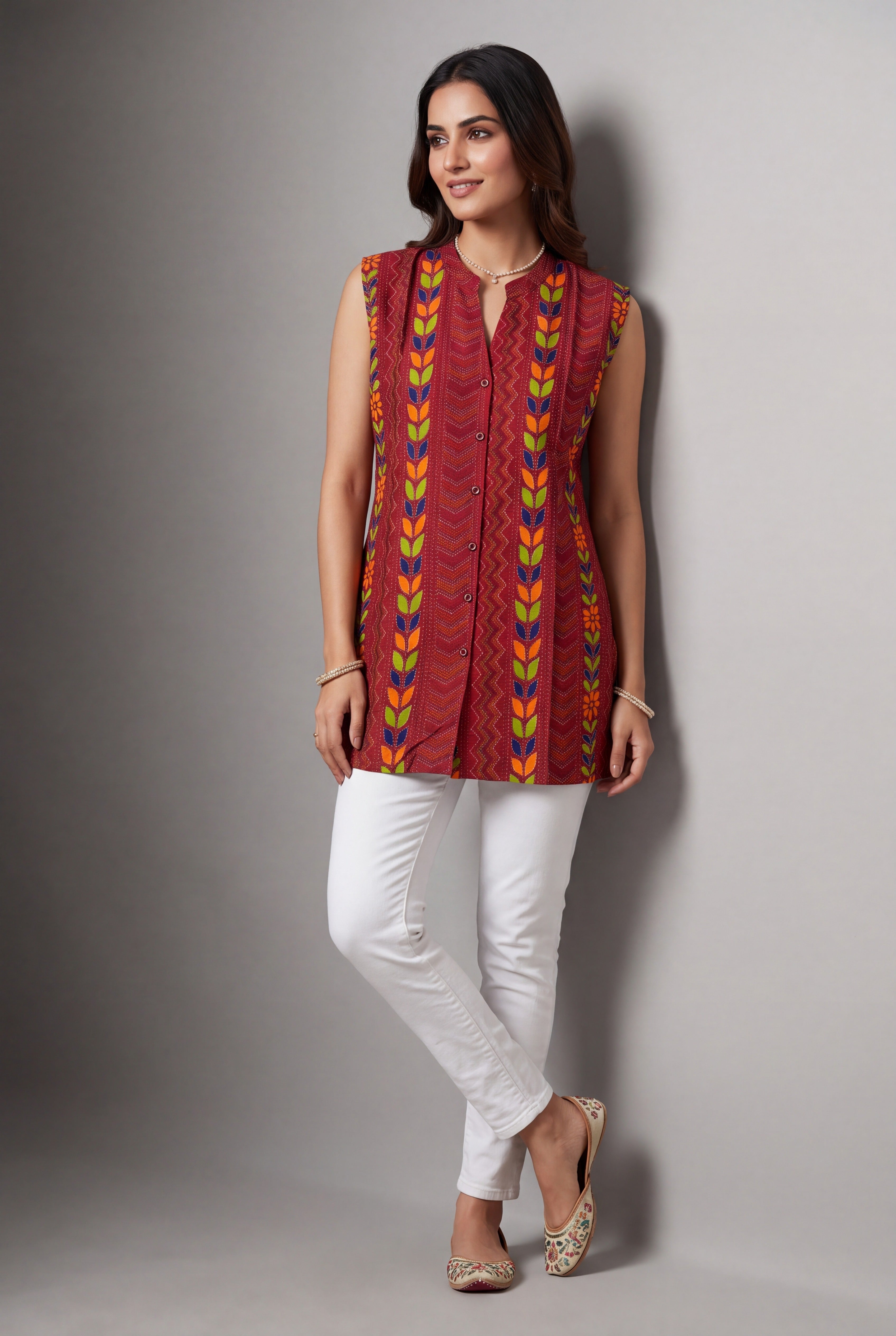 Cherry Red Ākṛti Kurti with Geometric Leaf print