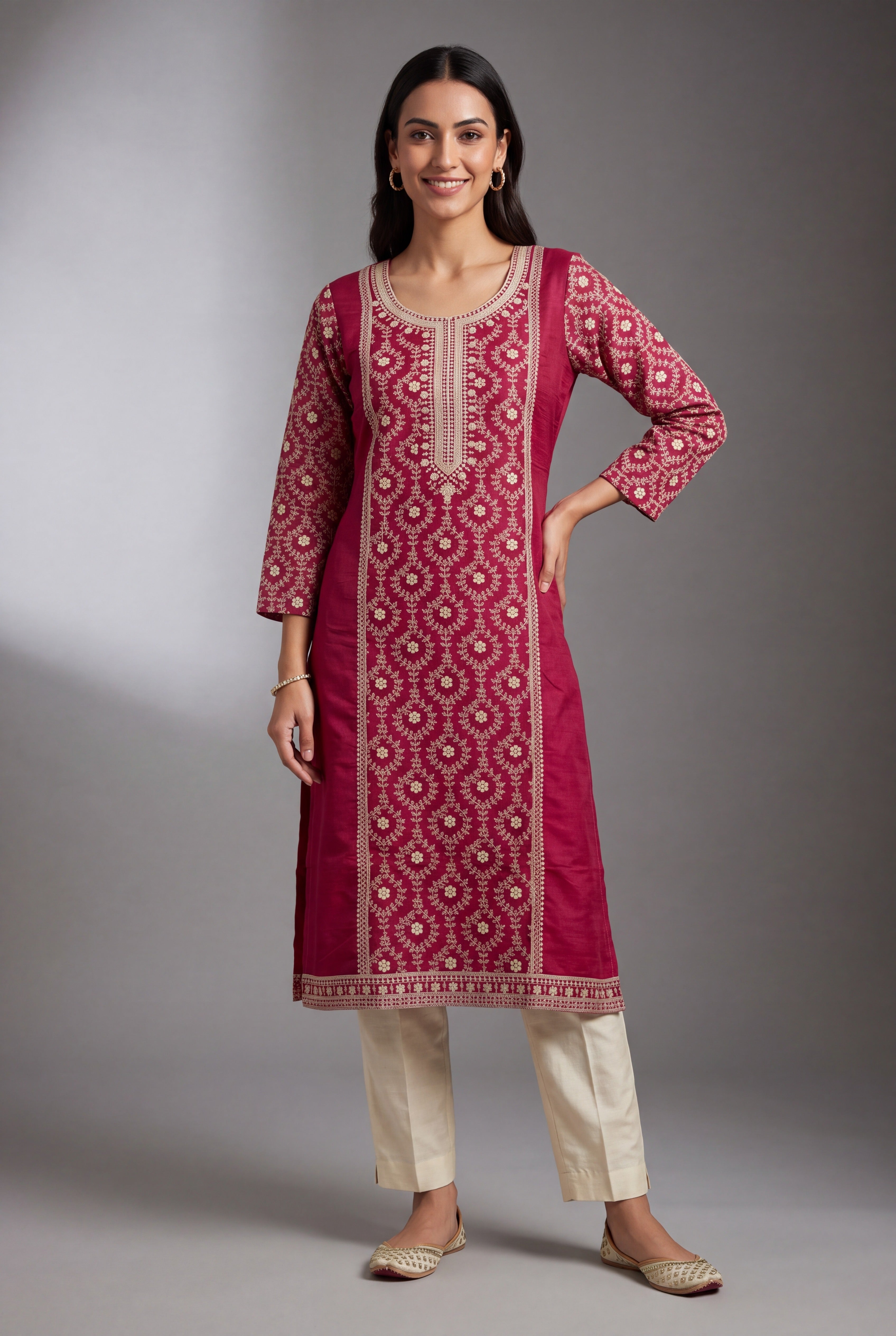 Cherry Red Ārāma Kurti with Coffee Jaal threadwork