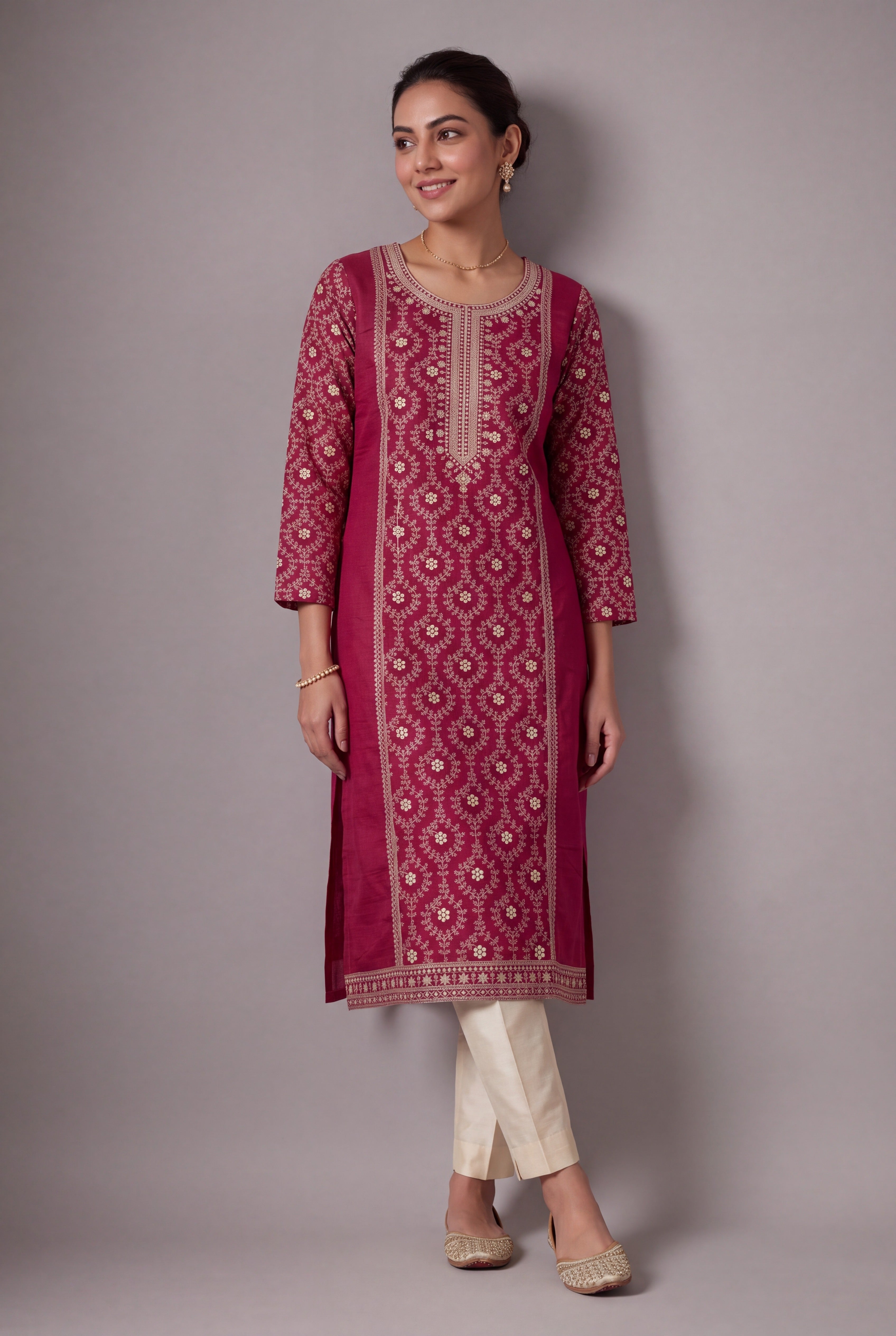 Cherry Red Ārāma Kurti with Coffee Jaal threadwork