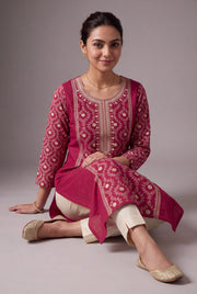 Cherry Red Ārāma Kurti with Coffee Jaal threadwork