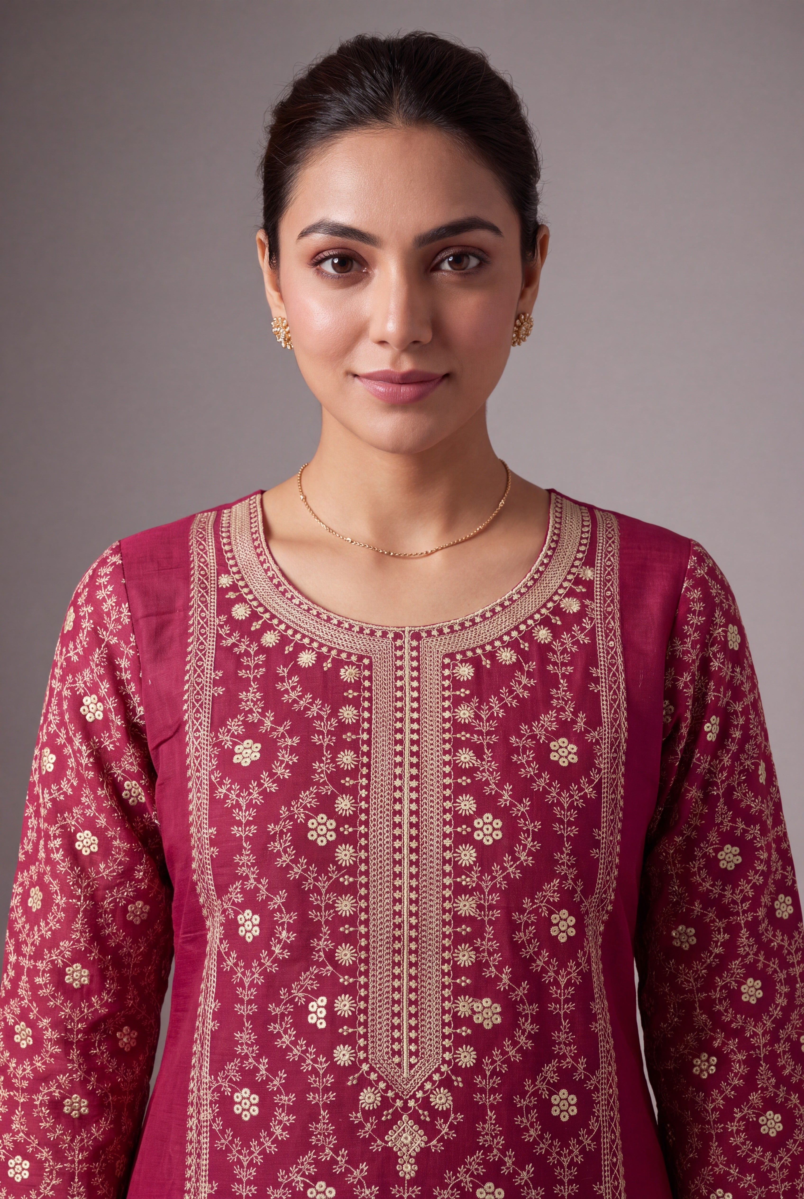 Cherry Red Ārāma Kurti with Coffee Jaal threadwork