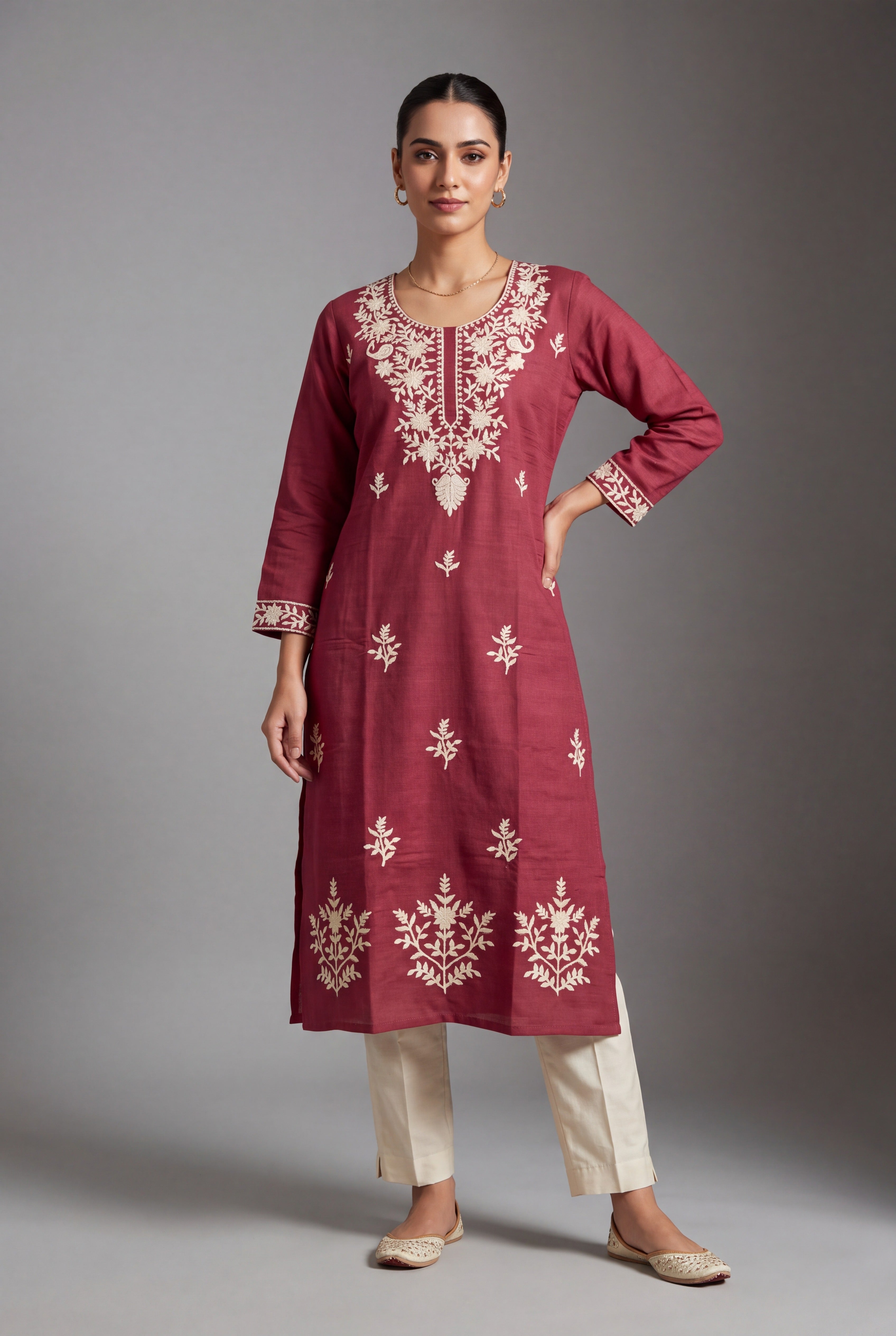 Cherry Red Parnika Kurti with Ivory Chikankari threadwork