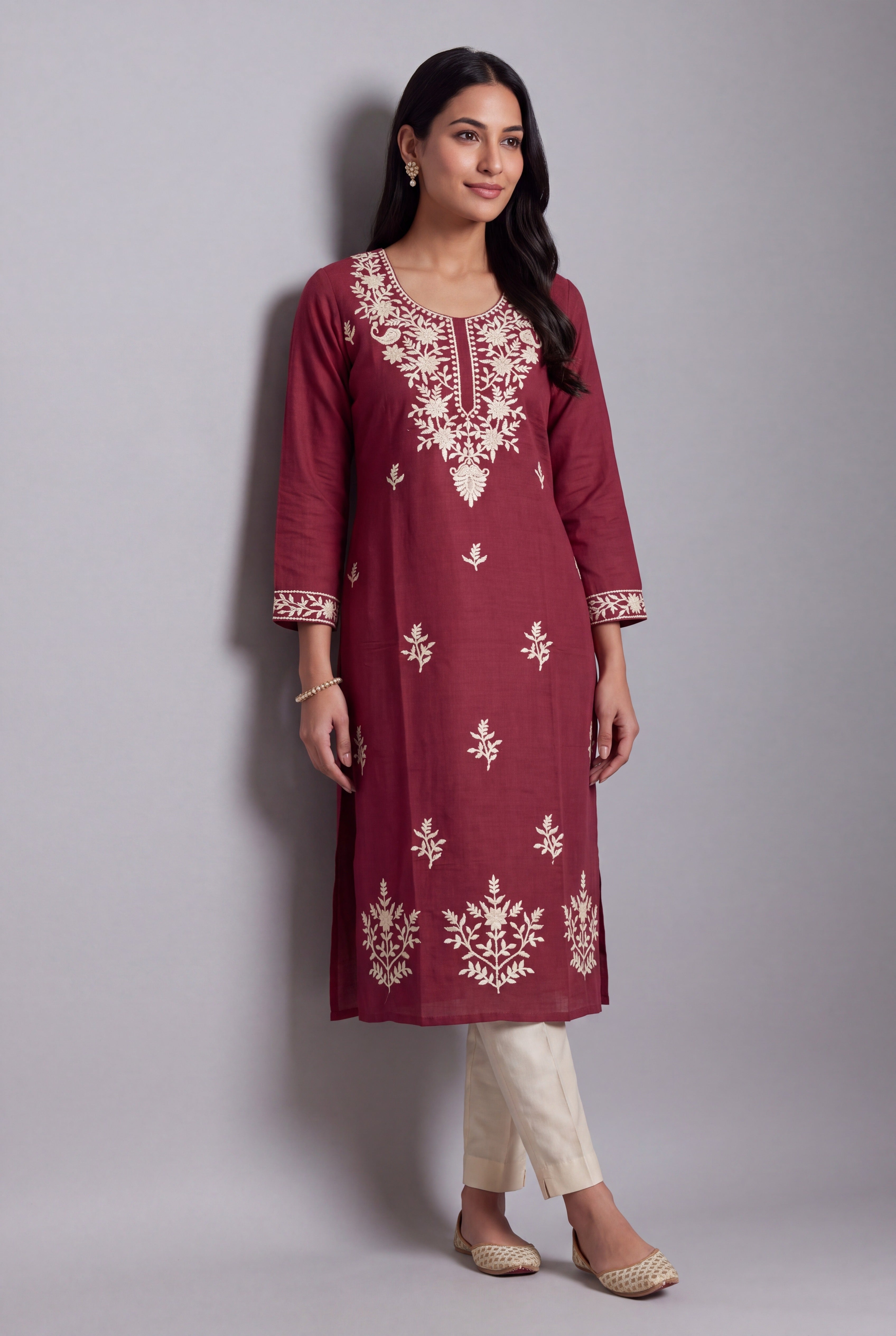 Cherry Red Parnika Kurti with Ivory Chikankari threadwork