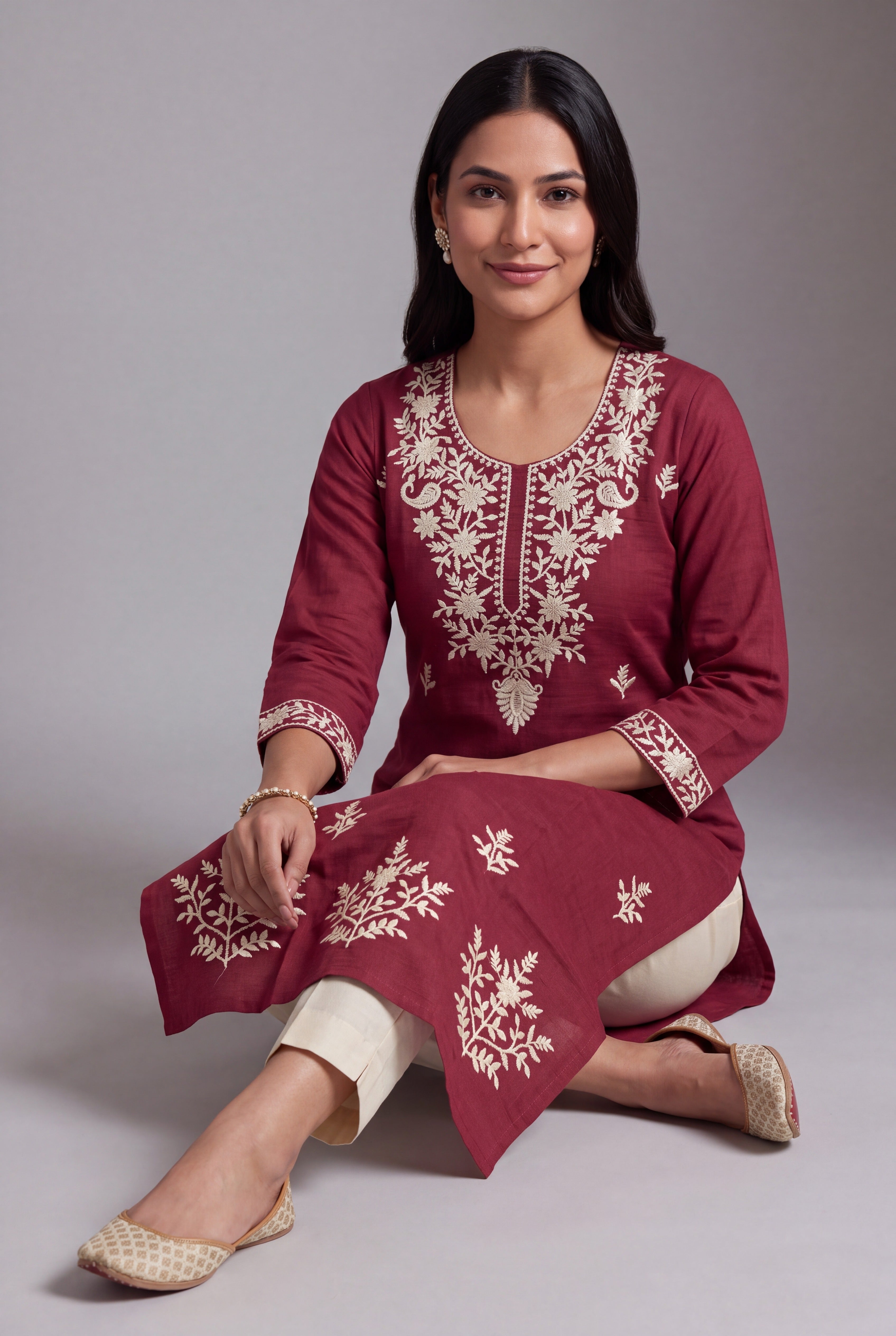 Cherry Red Parnika Kurti with Ivory Chikankari threadwork