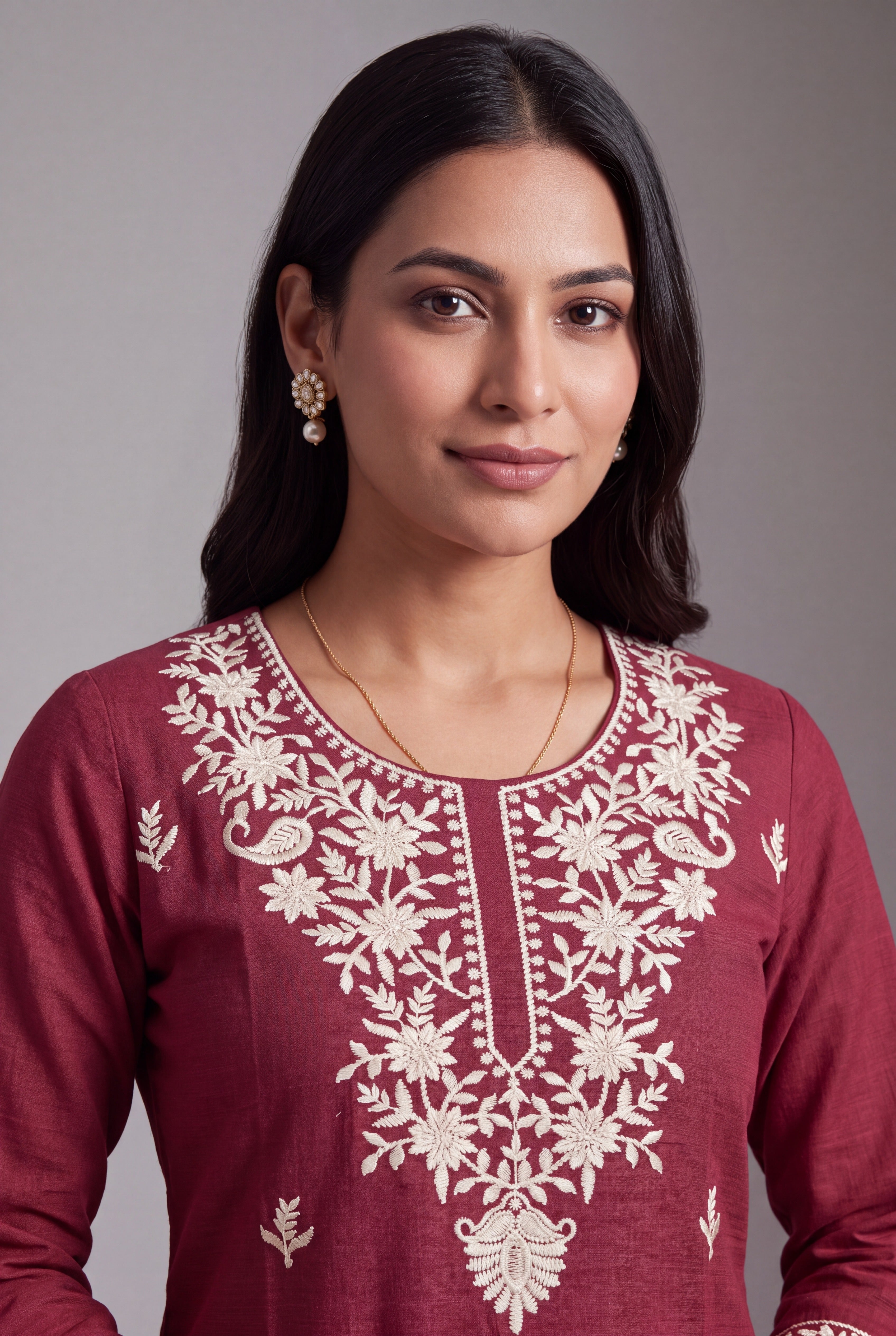 Cherry Red Parnika Kurti with Ivory Chikankari threadwork