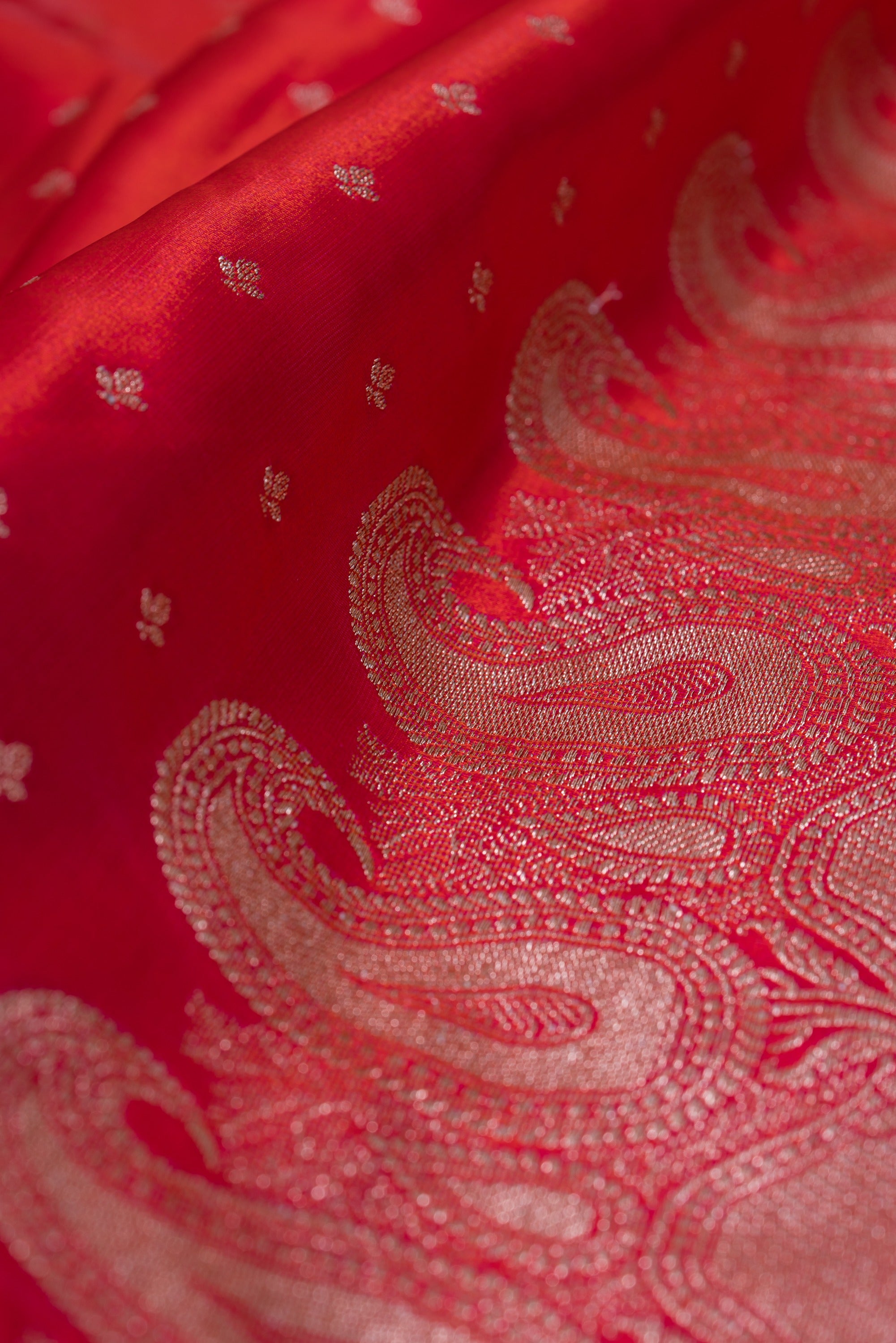 Cherry Red Soft Silk Banarasi Saree with Gold Zari Suvarna Padma Pallu