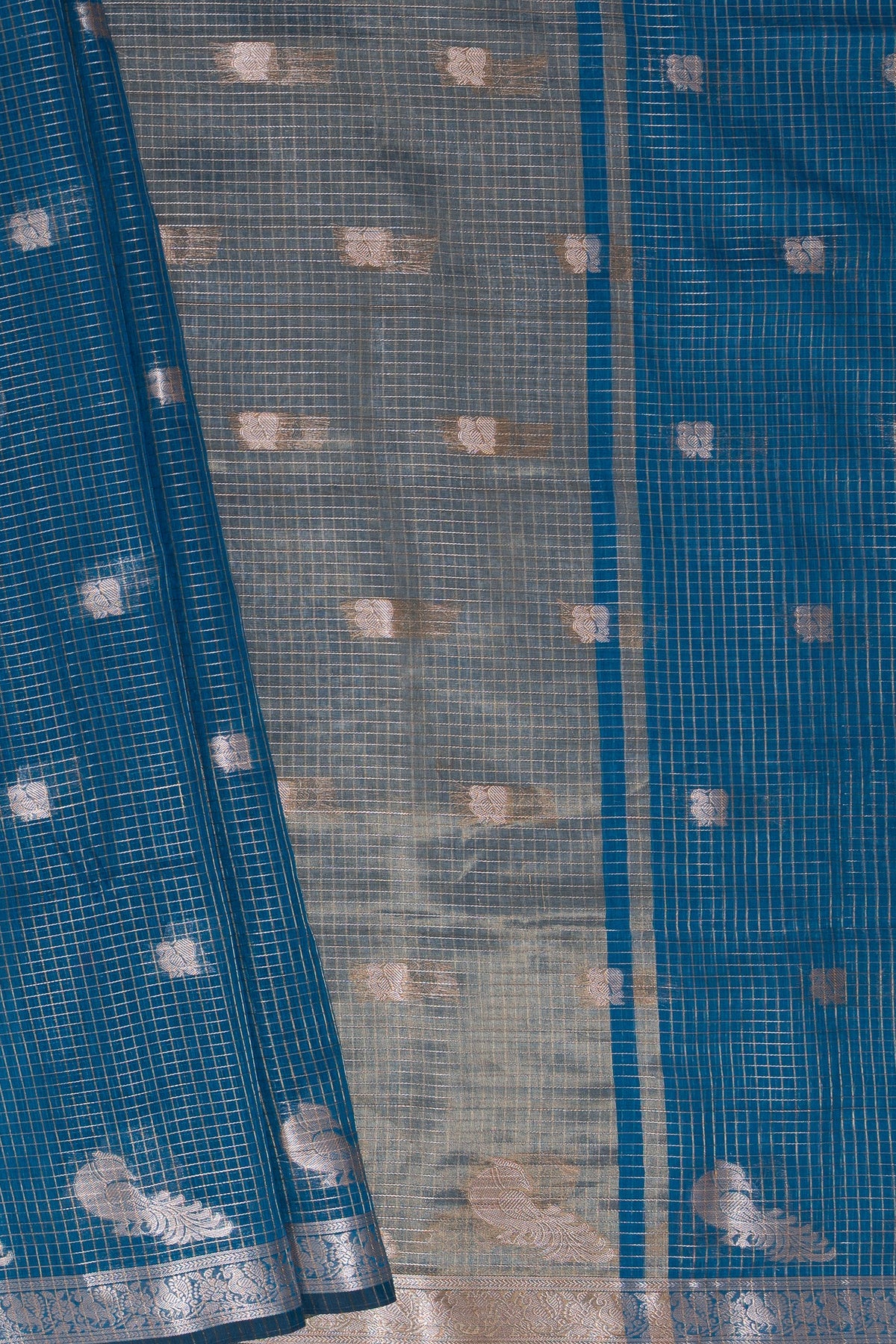 Chintamani Blue Chanderi Silk Checks Paithani Saree with Gold Mayur Butti & Traditional Zari Pallu