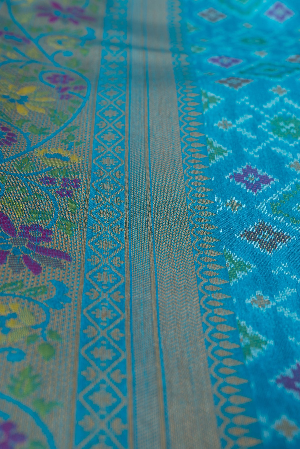 Chintamani Blue Tussar Silk Patola Saree with Resham Threadwork Pallu