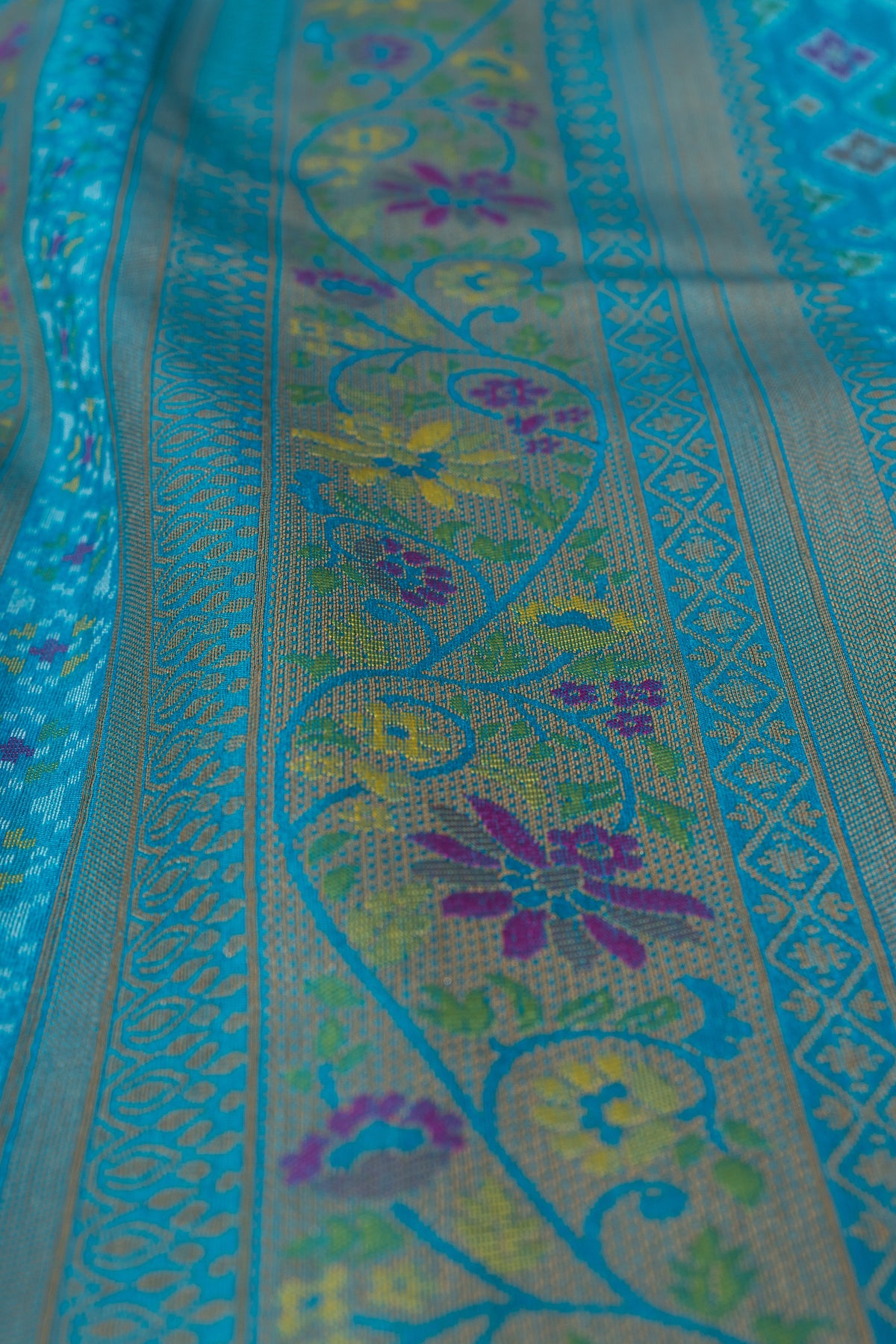 Chintamani Blue Tussar Silk Patola Saree with Resham Threadwork Pallu