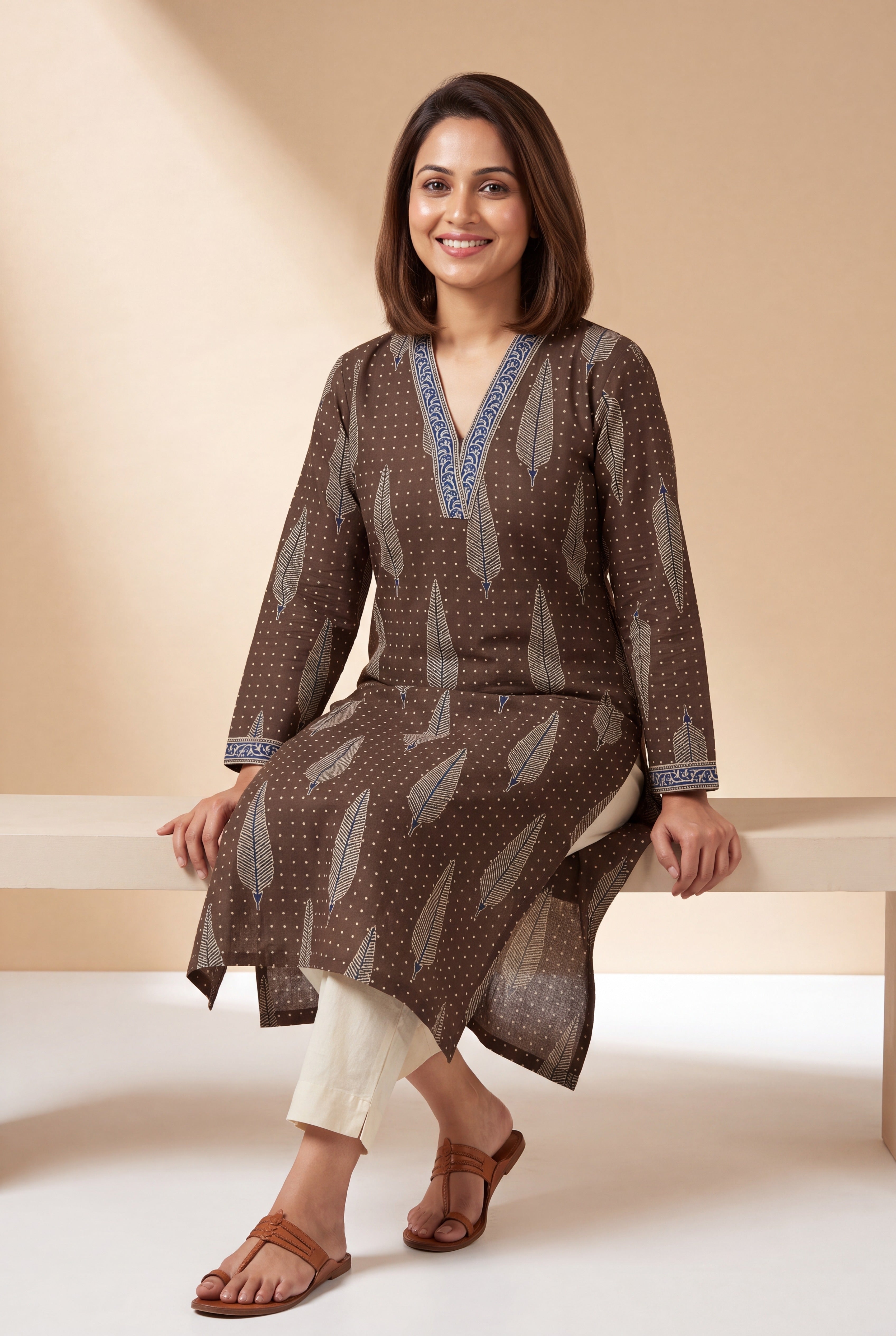 Cocoa Brown Kurti with Parṇa print