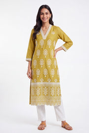 Haldi Yellow Kusuma Laherī Kurti with Ivory threadwork motifs