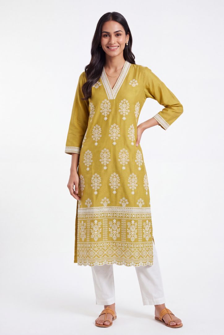 Haldi Yellow Kusuma Laherī Kurti with Ivory threadwork motifs