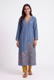 Indigo Blue Trivarṇa Kusuma Kurti with Floral threadwork