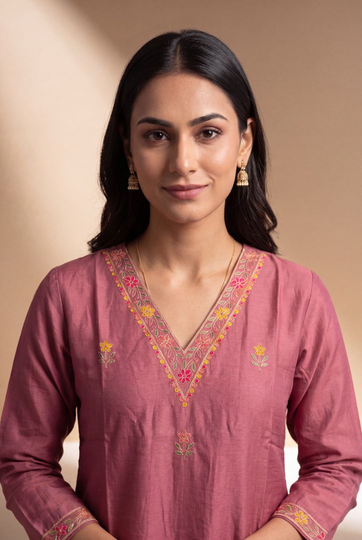 Rose Pink Trivarṇa Kusuma Kurti with Floral threadwork