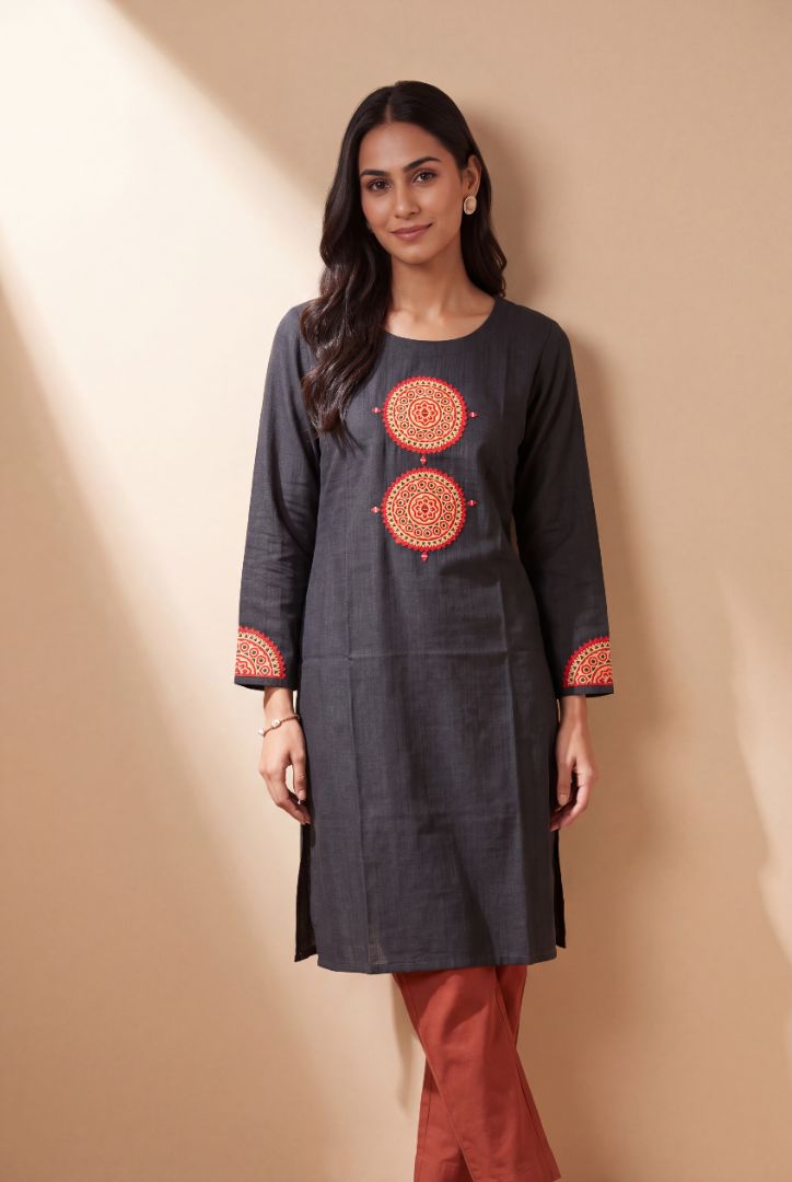 Black Mandala Patchwork Kurti with Mirrorwork embroidery