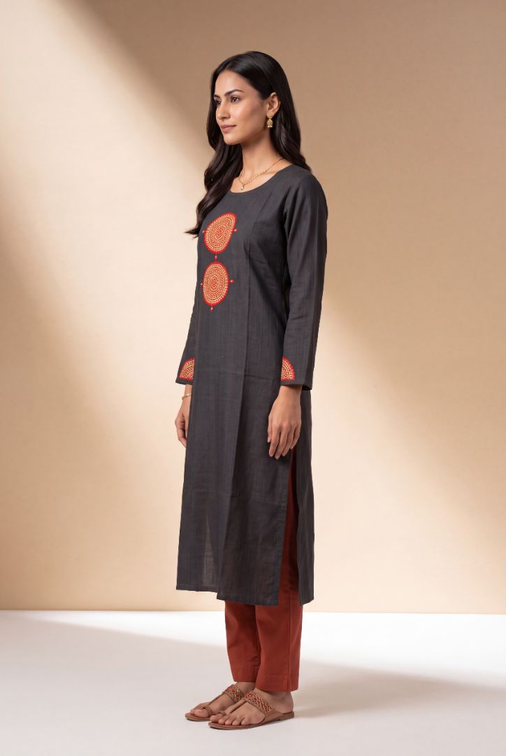 Black Mandala Patchwork Kurti with Mirrorwork embroidery