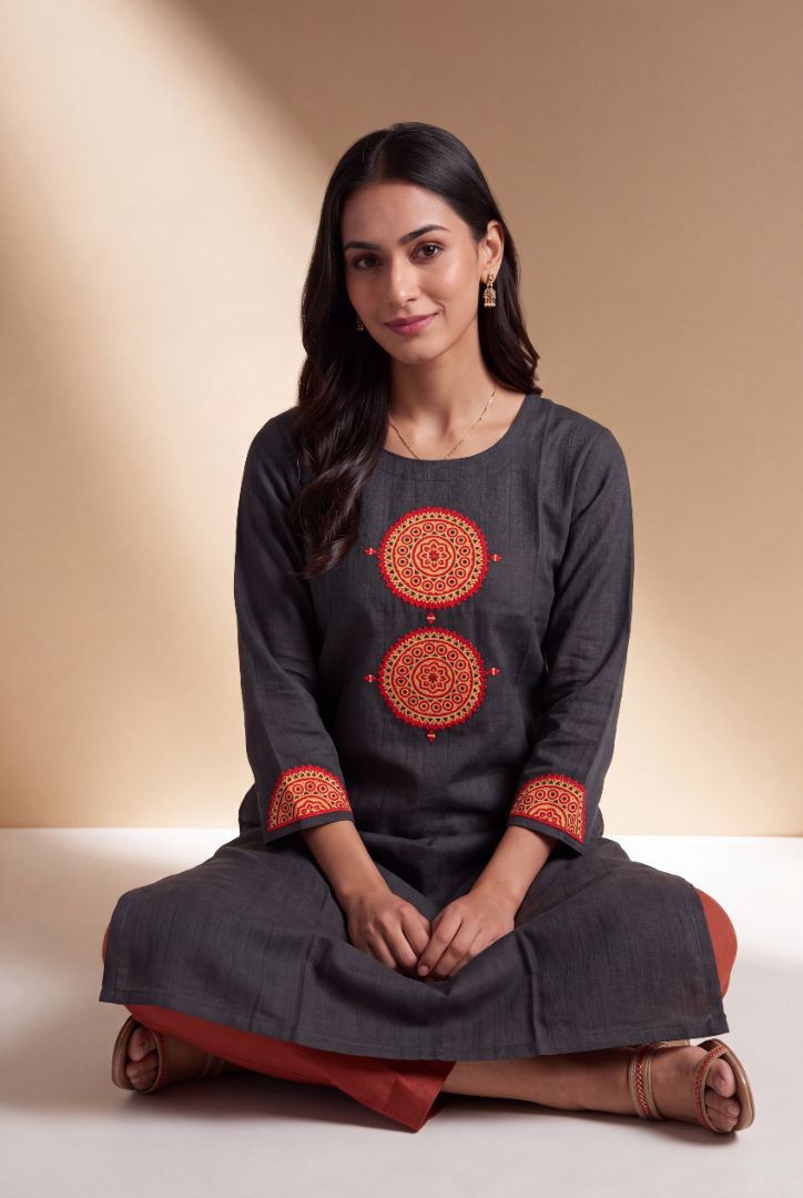 Black Mandala Patchwork Kurti with Mirrorwork embroidery