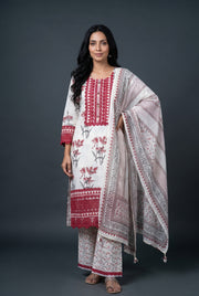 Cream Cotton Salwar Kameez with Mahogany Red Resham threadwork