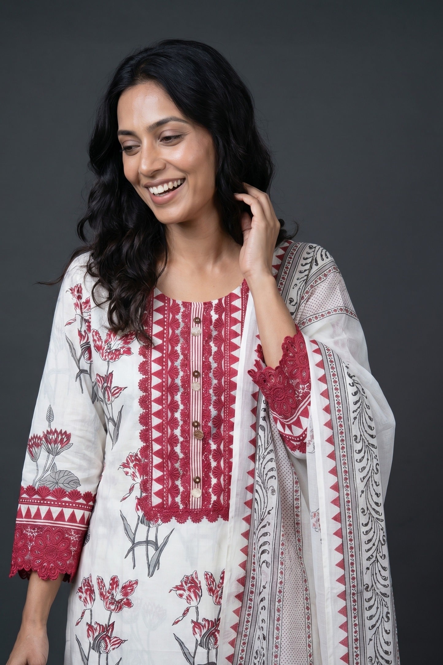 Cream Cotton Salwar Kameez with Mahogany Red Resham threadwork