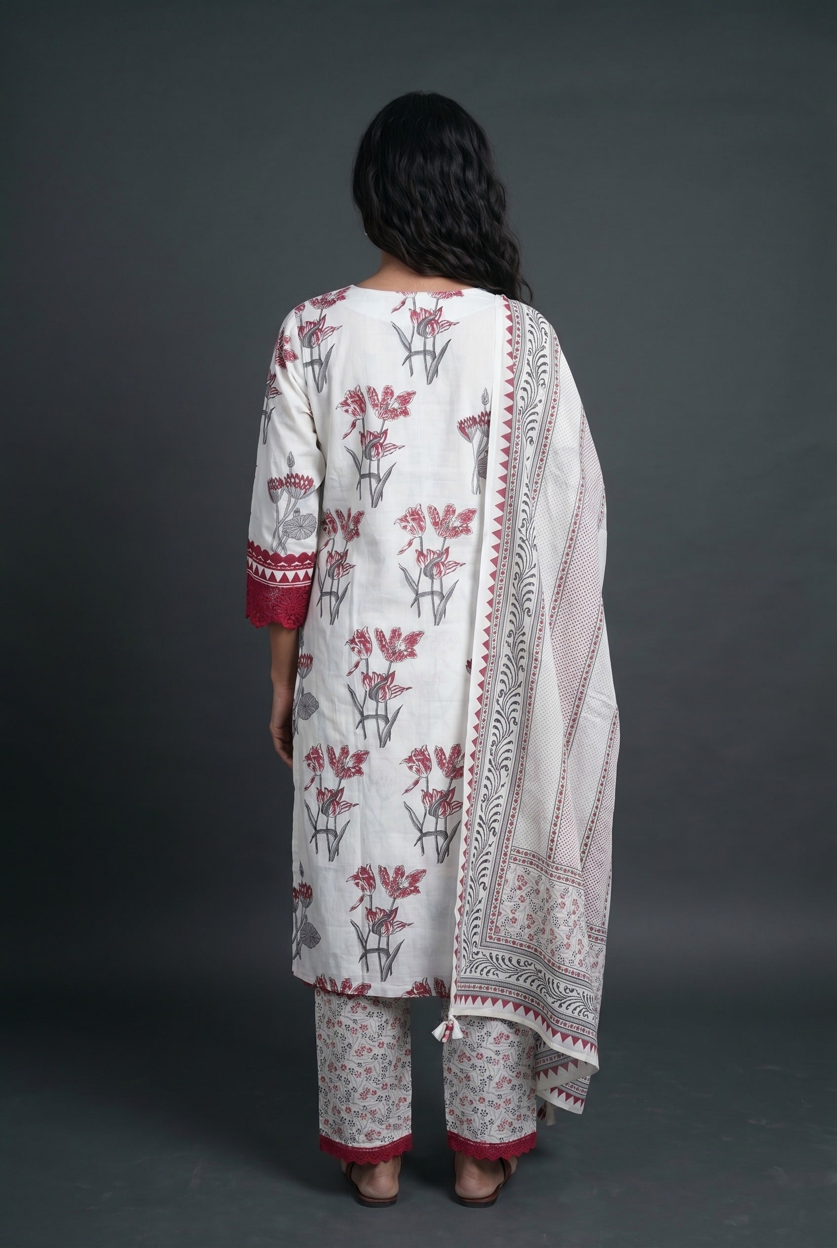 Cream Cotton Salwar Kameez with Mahogany Red Resham threadwork