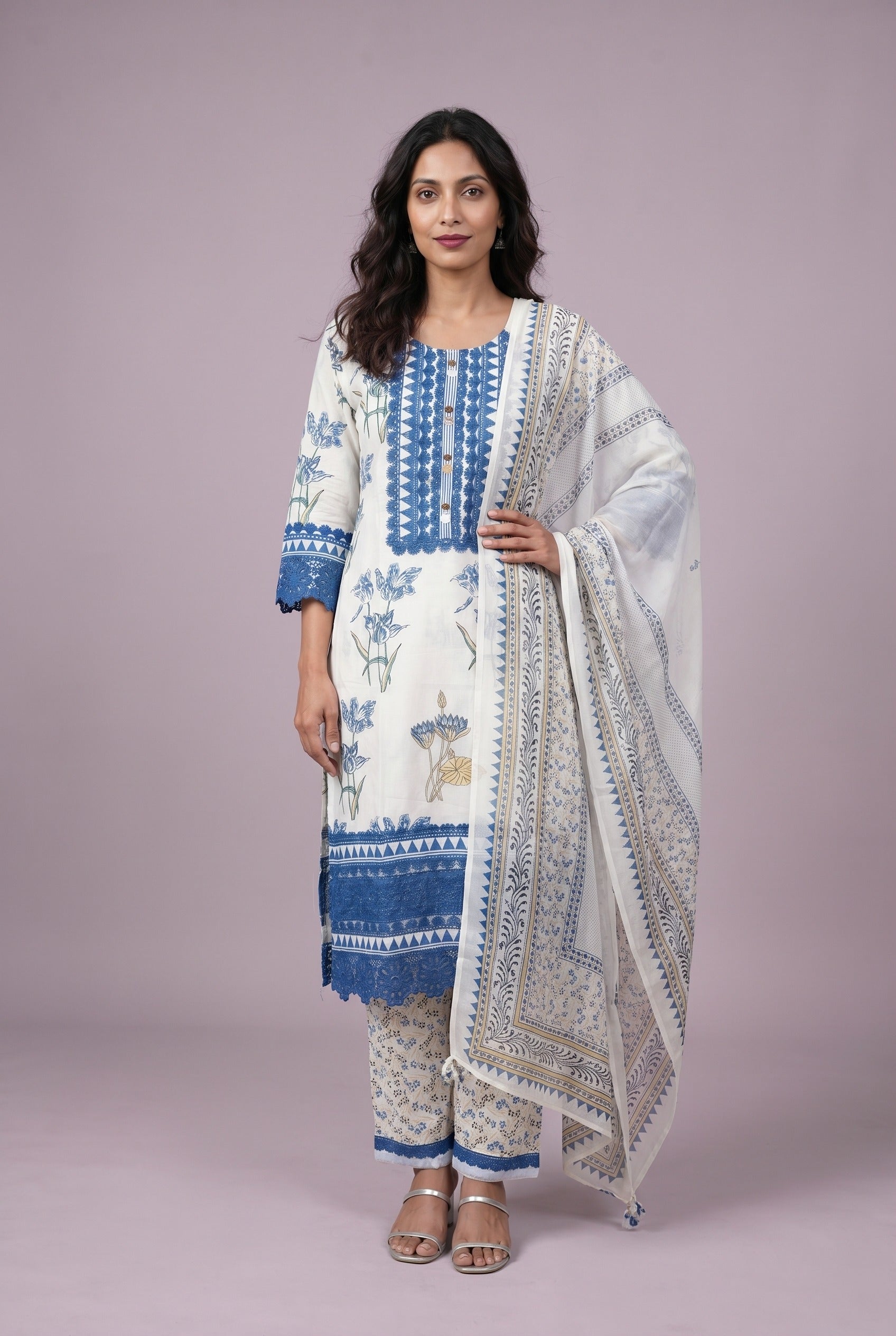 Cream Cotton Salwar Kameez with Sapphire Blue Resham threadwork