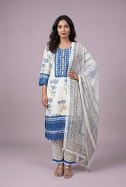 Cream Cotton Salwar Kameez with Sapphire Blue Resham threadwork