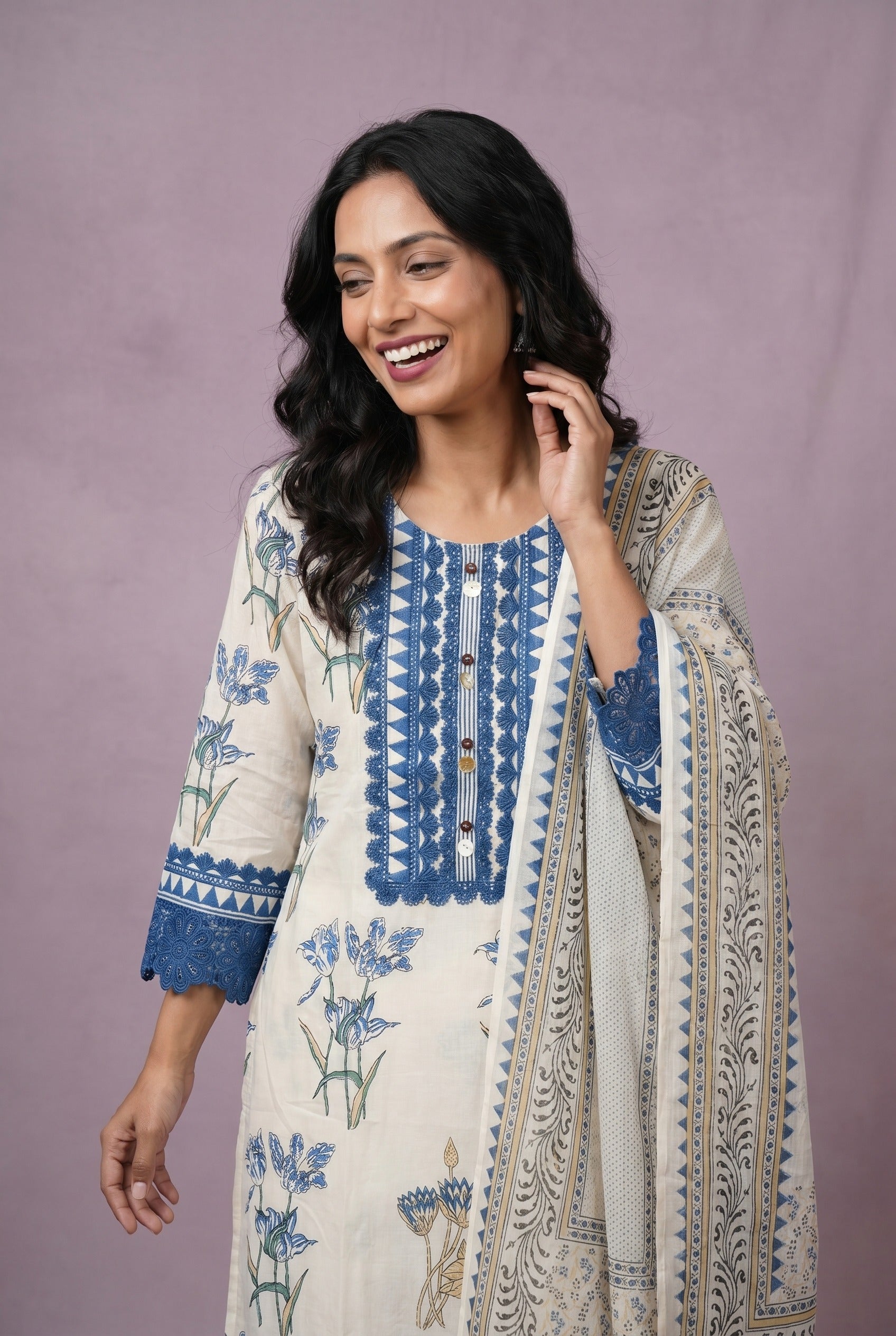 Cream Cotton Salwar Kameez with Sapphire Blue Resham threadwork