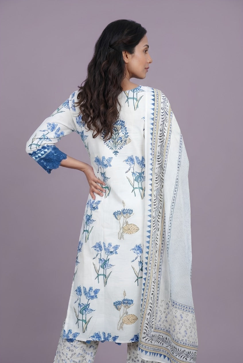 Cream Cotton Salwar Kameez with Sapphire Blue Resham threadwork