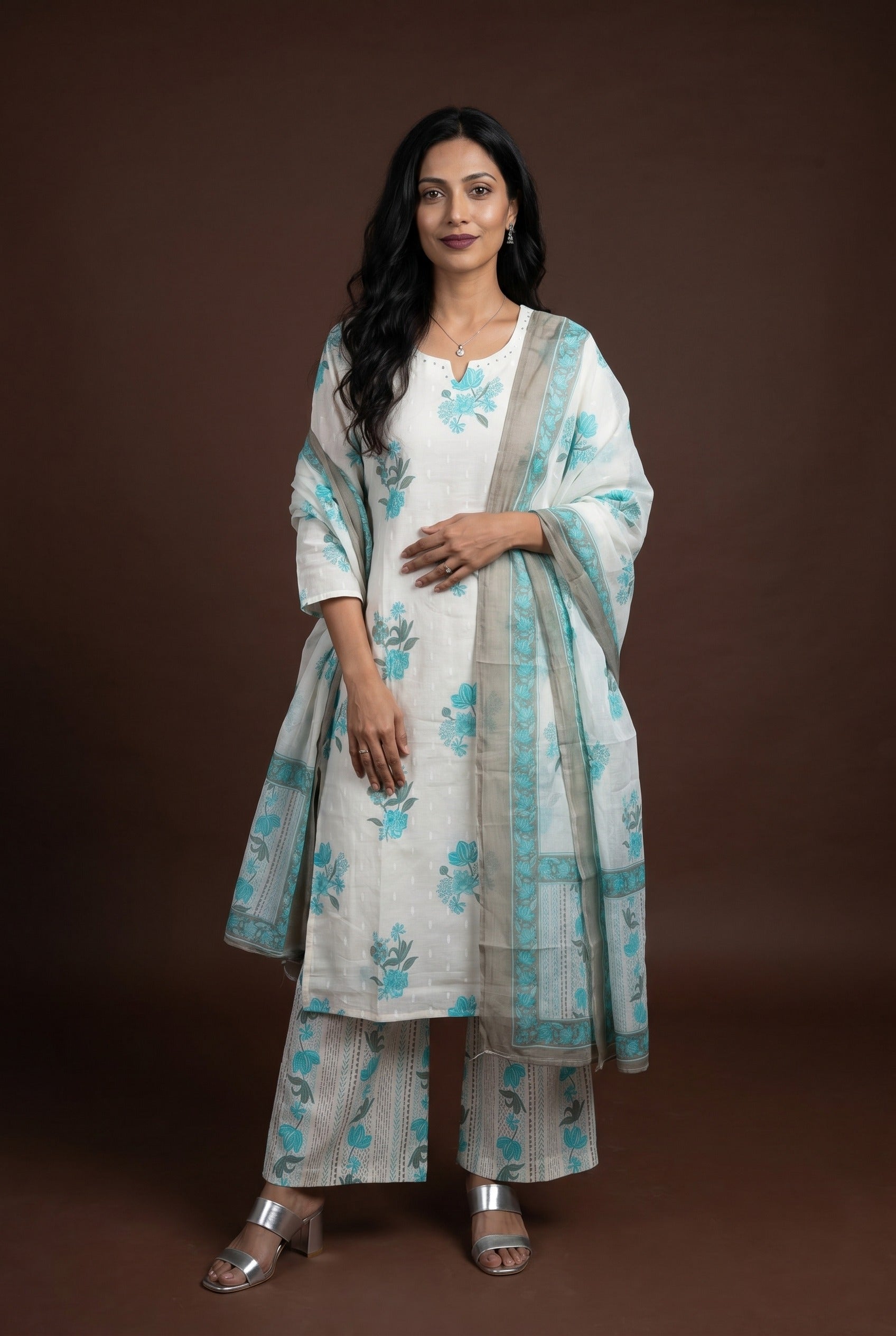 Cream Cotton Salwar Kameez with Sequin work and Blue Floral block print