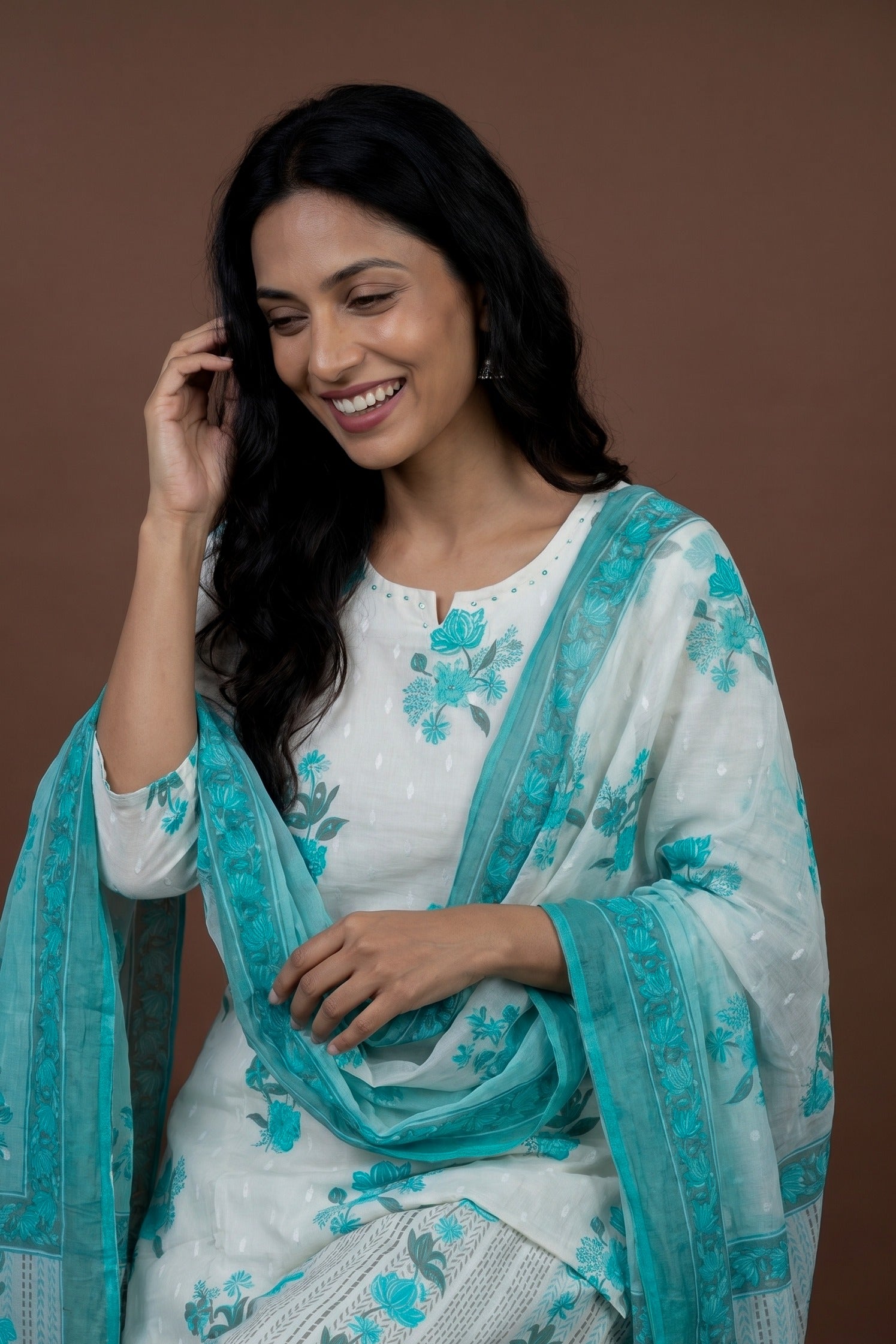 Cream Cotton Salwar Kameez with Sequin work and Blue Floral block print