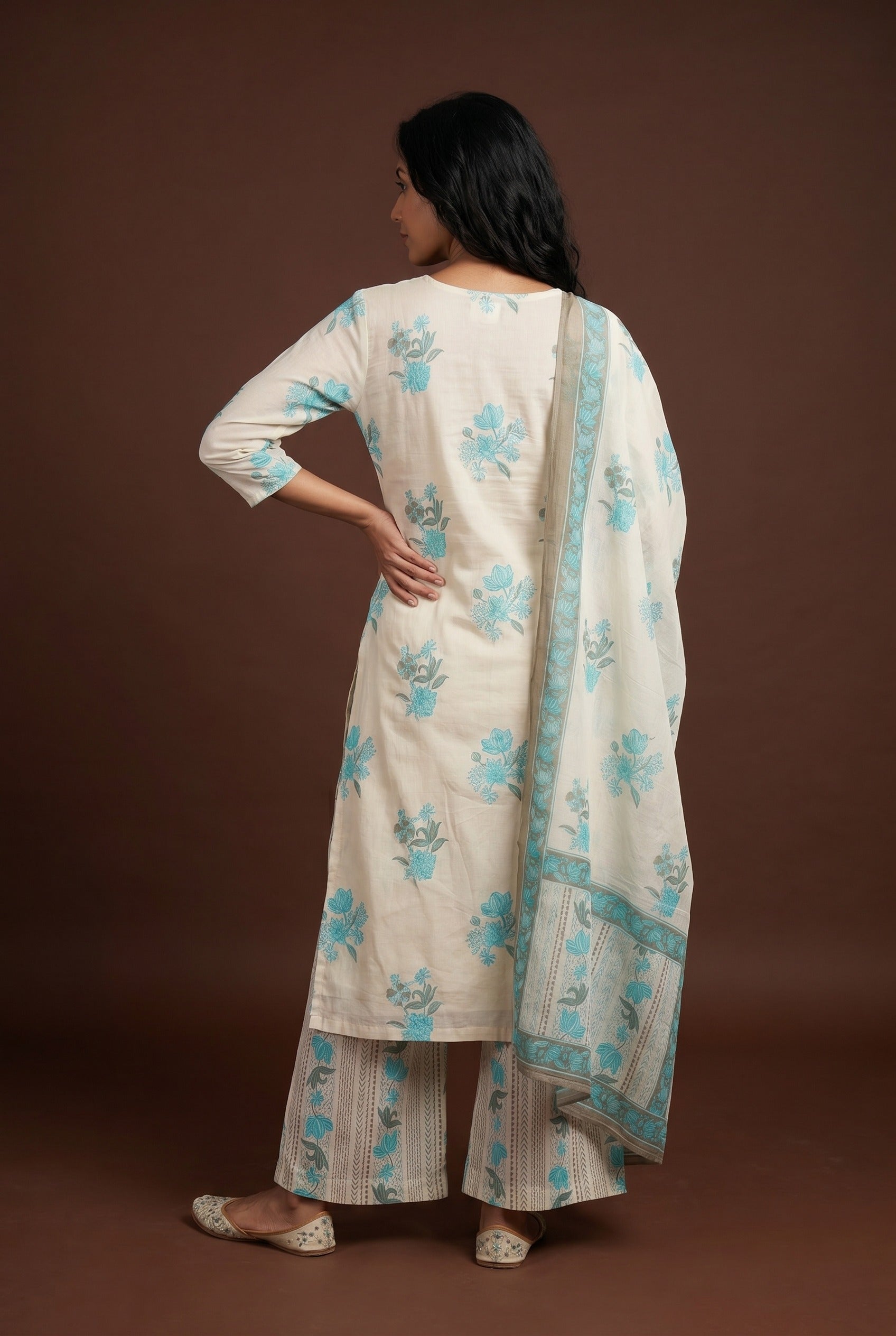 Cream Cotton Salwar Kameez with Sequin work and Blue Floral block print