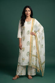 Cream Cotton Salwar Kameez with Sequin work and Green Floral block print