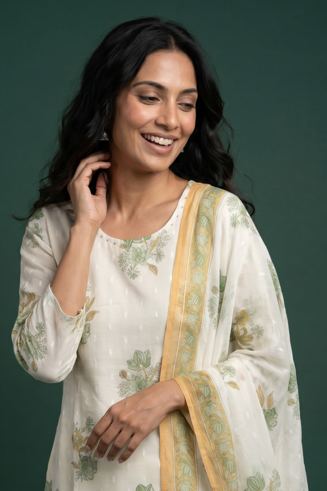 Cream Cotton Salwar Kameez with Sequin work and Green Floral block print