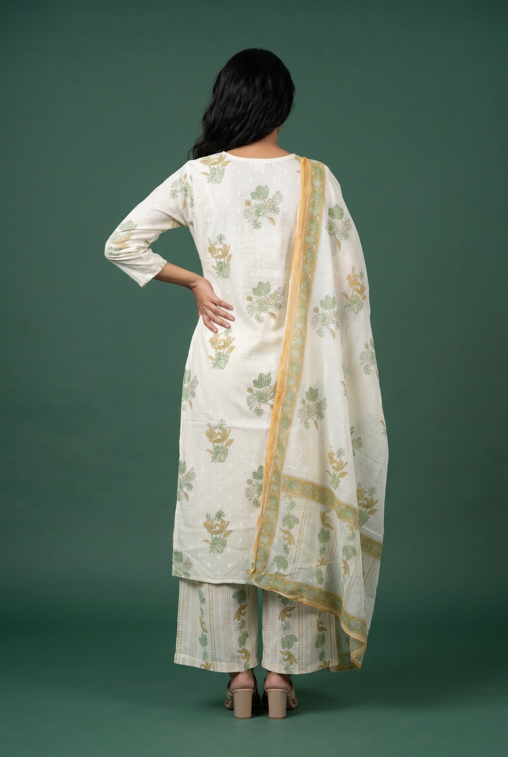 Cream Cotton Salwar Kameez with Sequin work and Green Floral block print