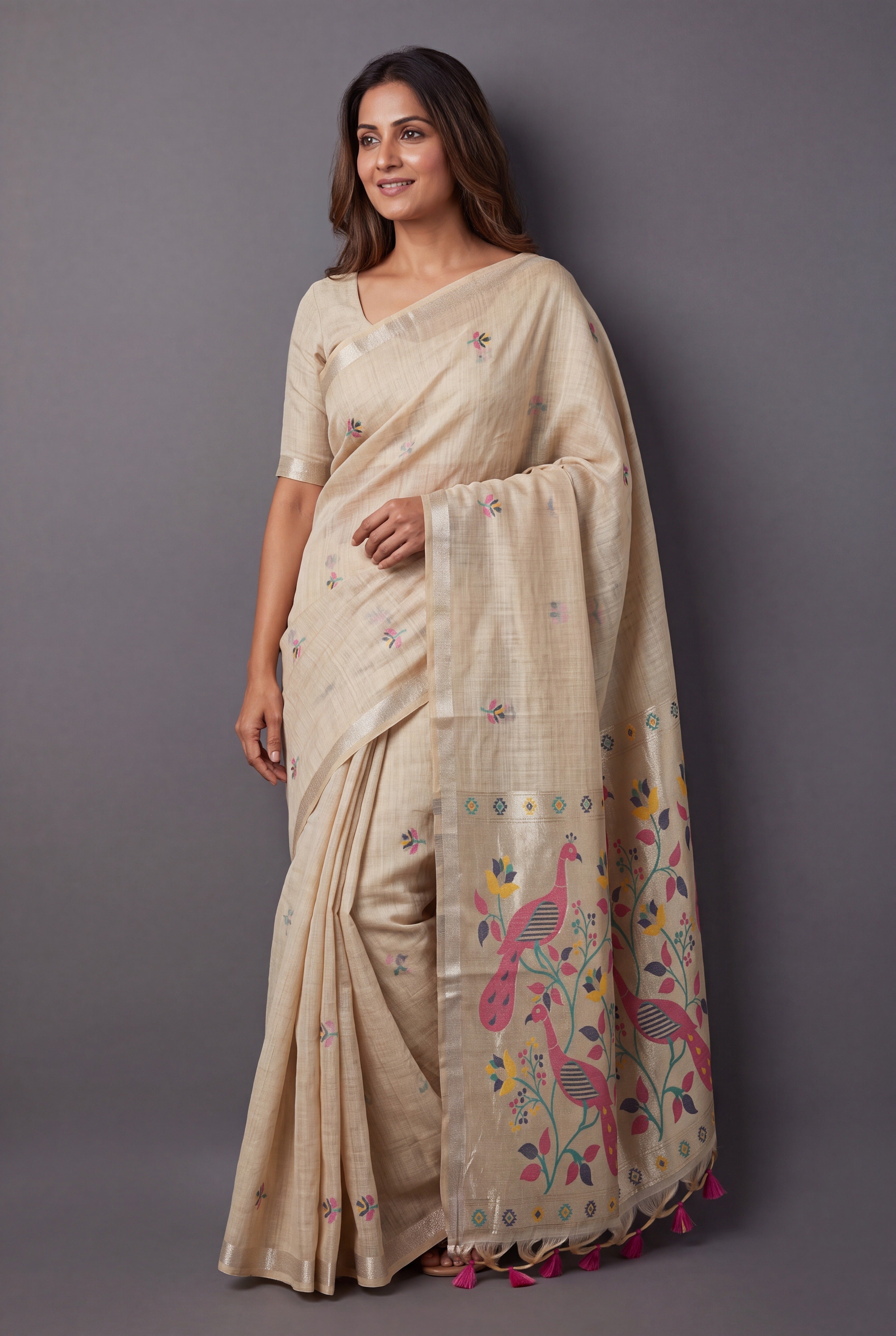Cream Jamdhani Cotton Paithani Saree with Aṣṭamayūra Pallu and Floral butti