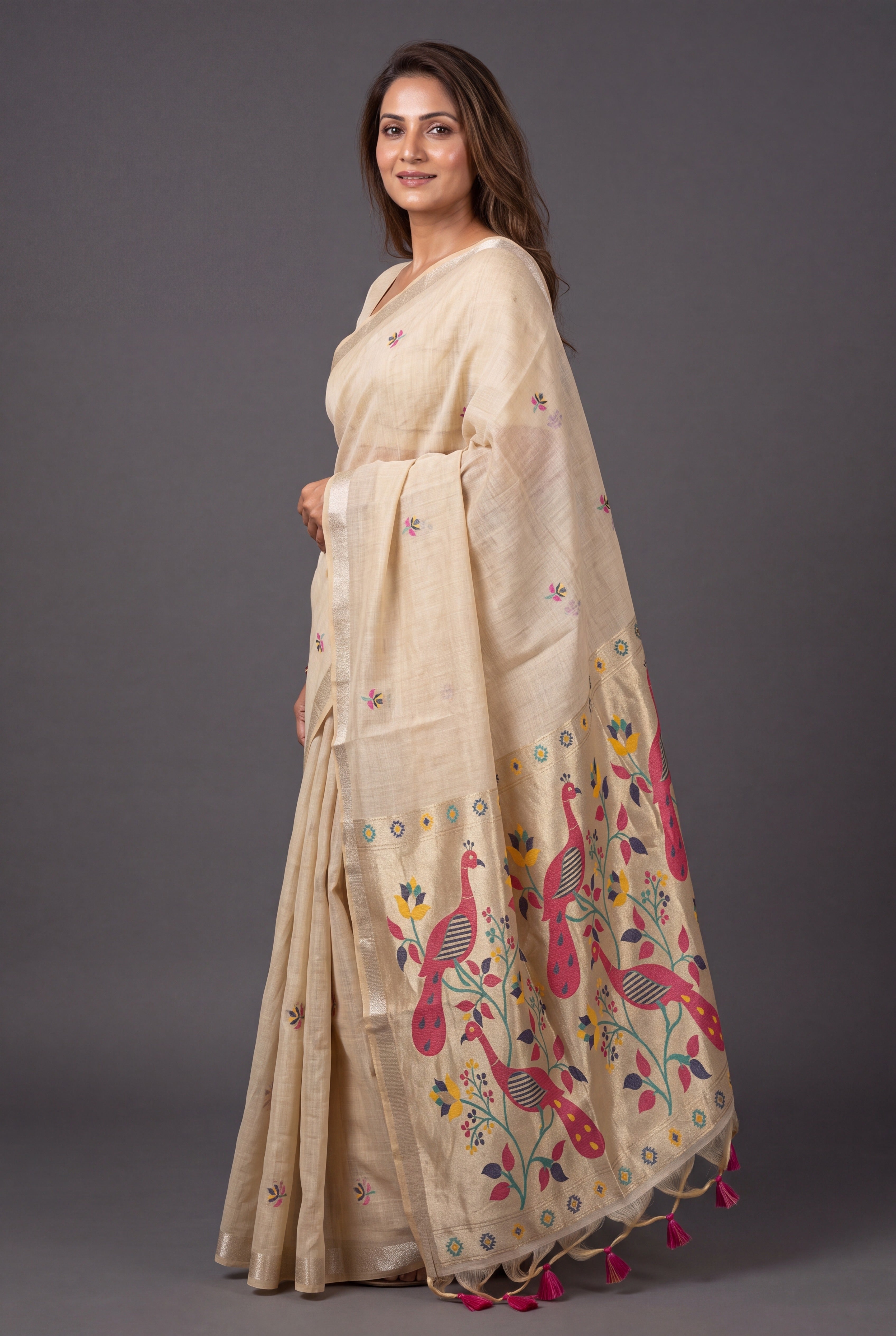 Cream Jamdhani Cotton Paithani Saree with Aṣṭamayūra Pallu and Floral butti