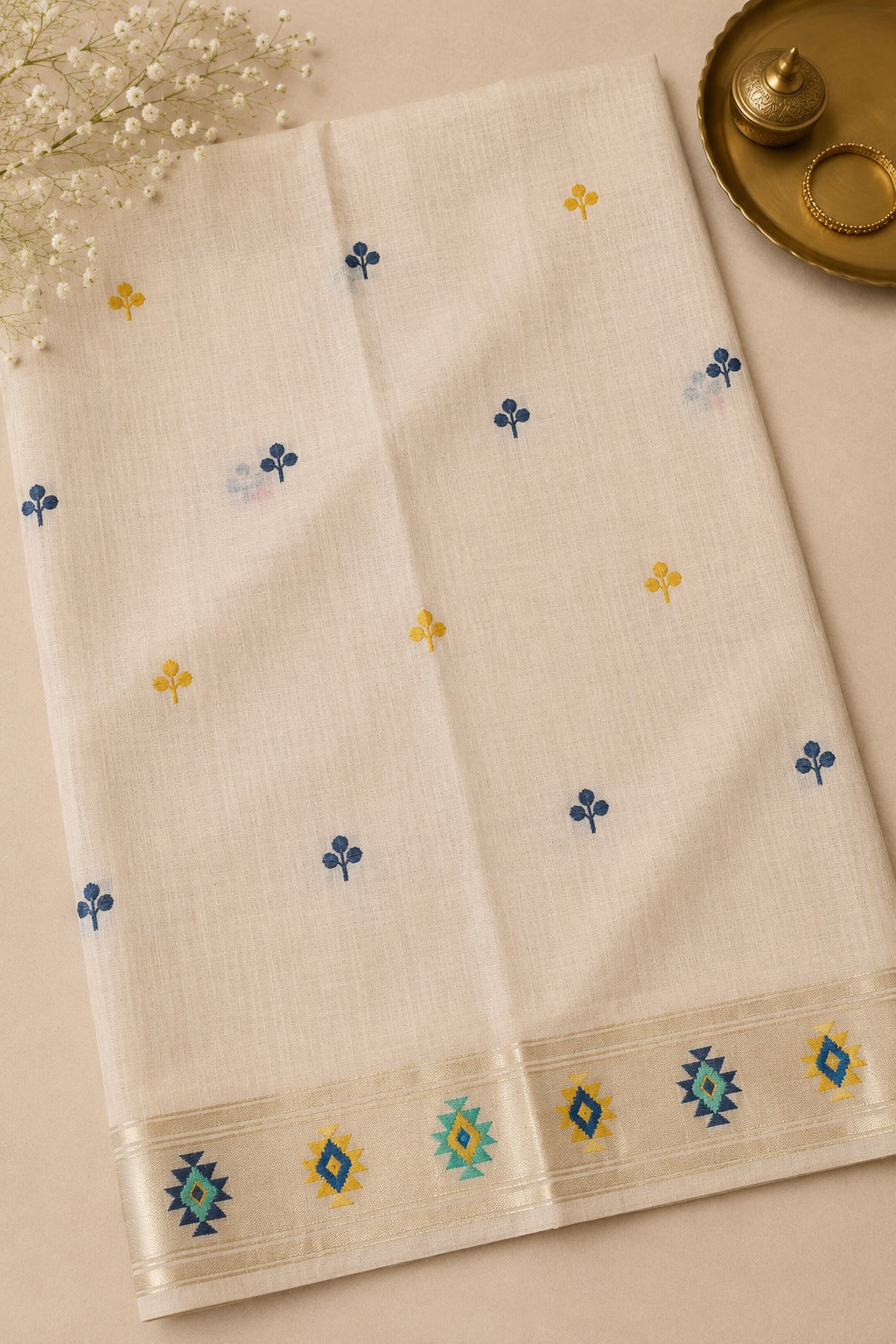 Cream Jamdhani Cotton Paithani Saree with Aṣṭamayūra Pallu and Floral butti