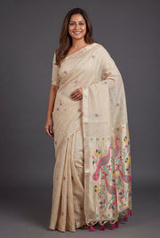 Cream Jamdhani Cotton Paithani Saree with Aṣṭamayūra Pallu and Floral butti