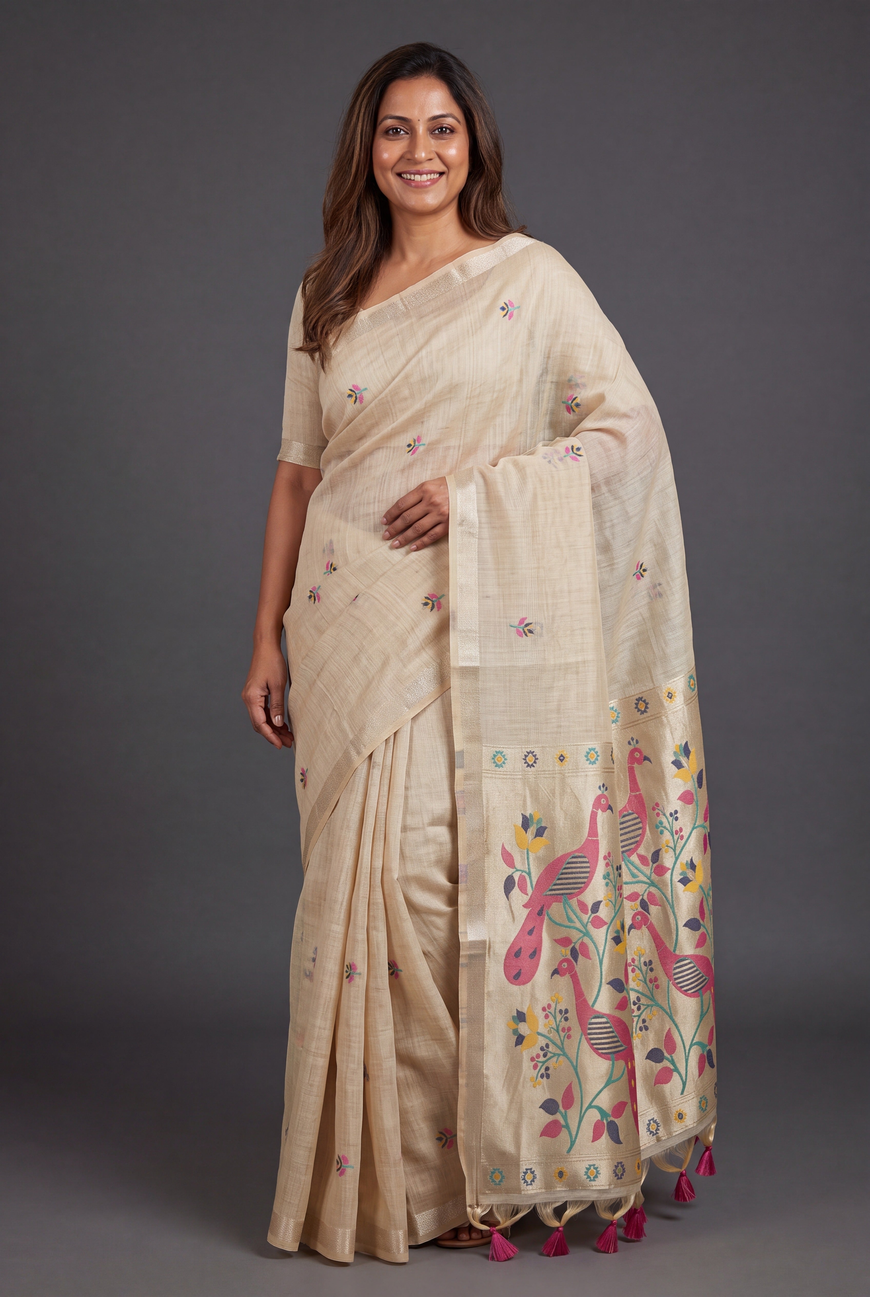 Cream Jamdhani Cotton Paithani Saree with Aṣṭamayūra Pallu and Floral butti