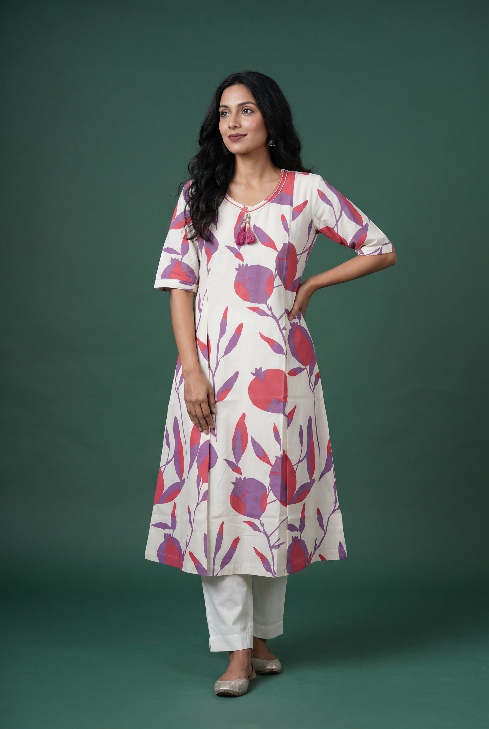 Cream Khadi Cotton Kurti with Mulberry print and Mani work neckline