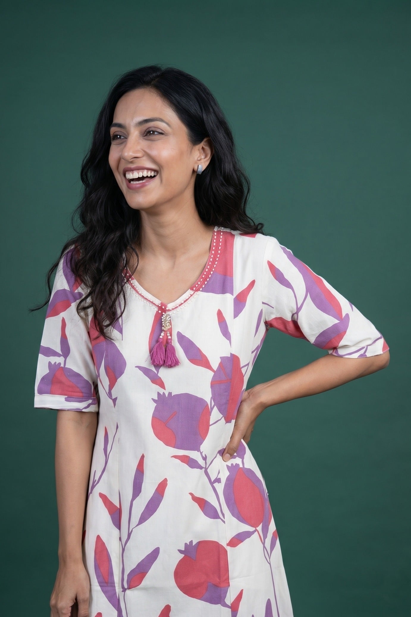Cream Khadi Cotton Kurti with Mulberry print and Mani work neckline