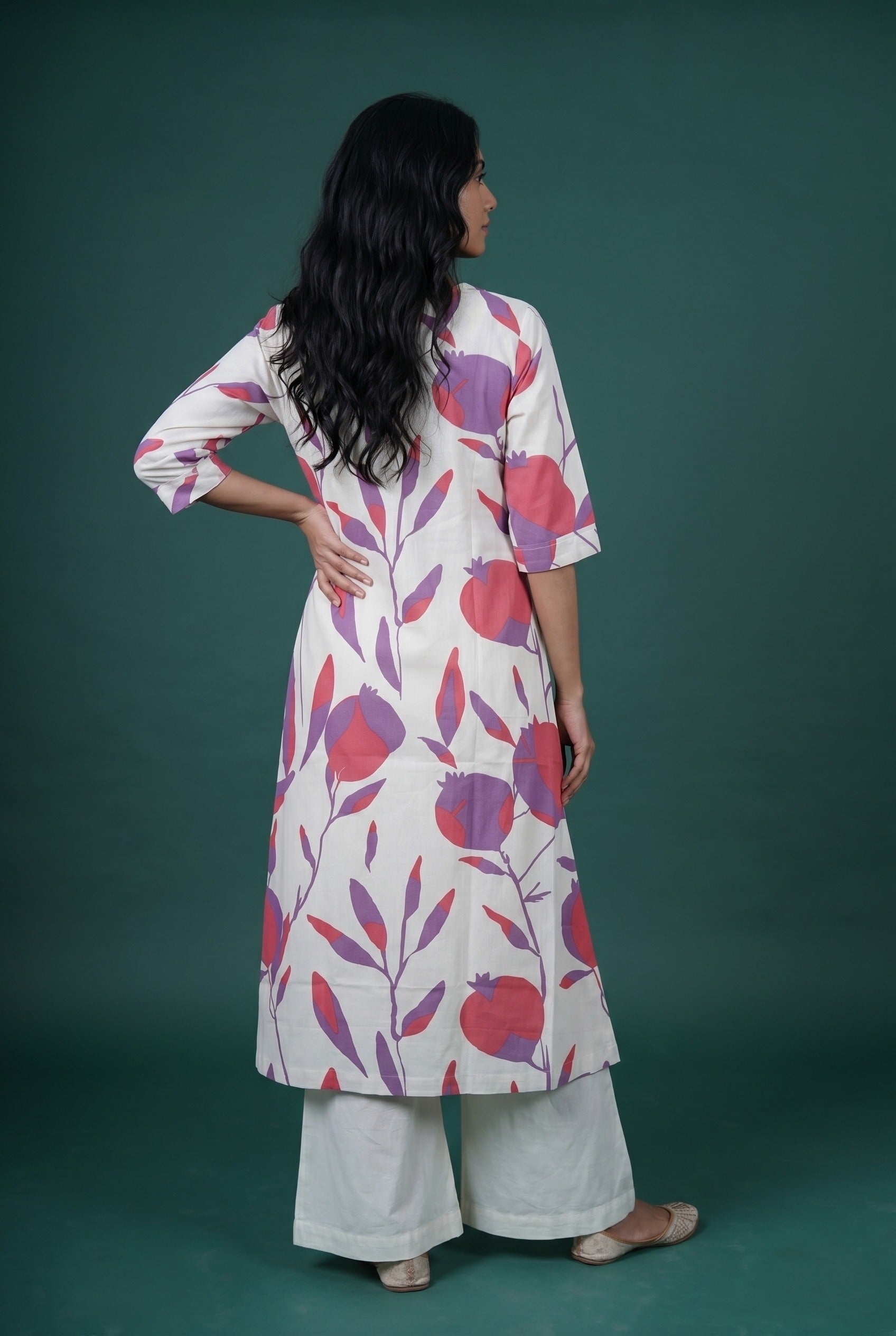 Cream Khadi Cotton Kurti with Mulberry print and Mani work neckline