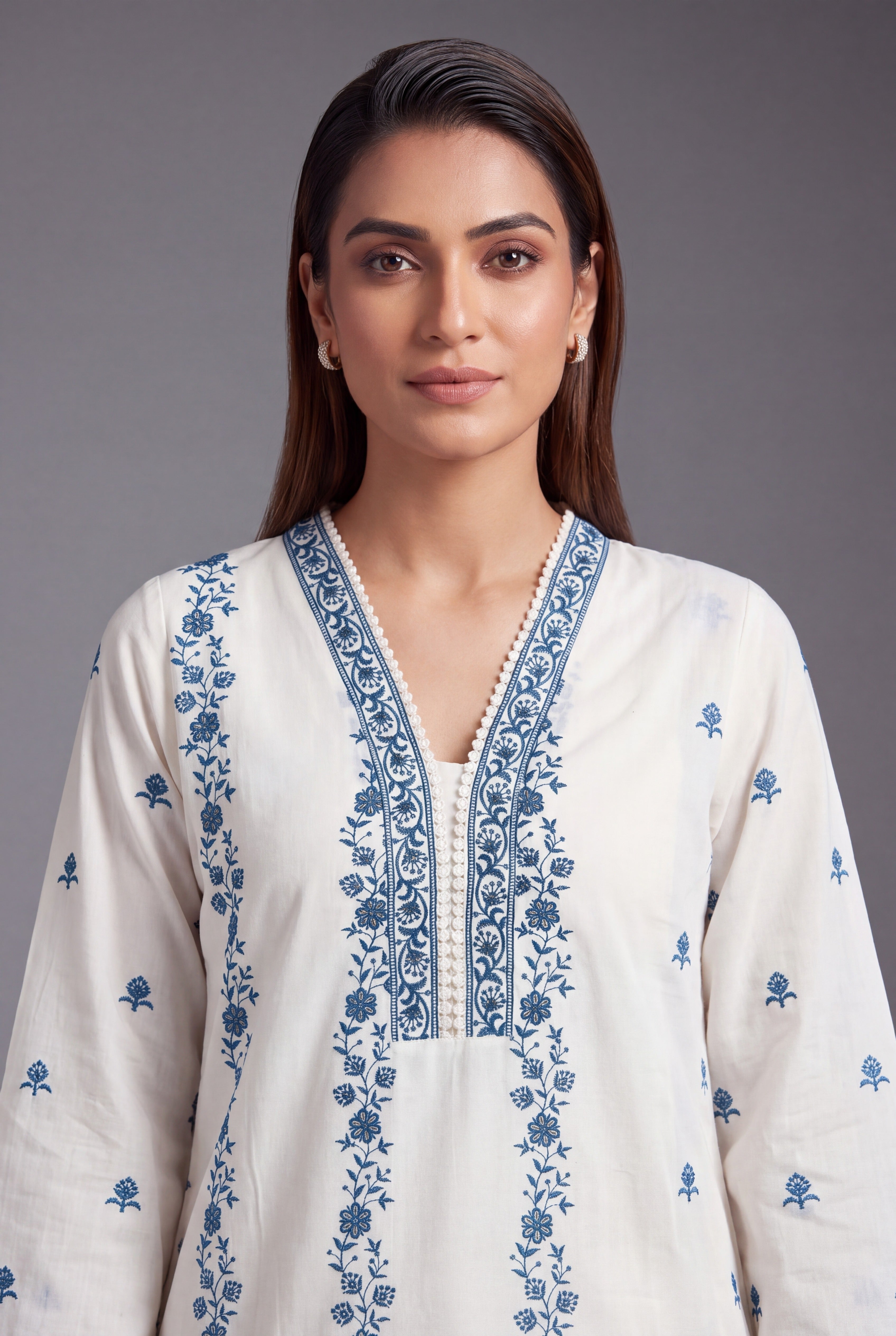 Cream Khadi Cotton Neelakusuma Suit Set with Cobalt threadwork, Sequin work and Palazzo pants
