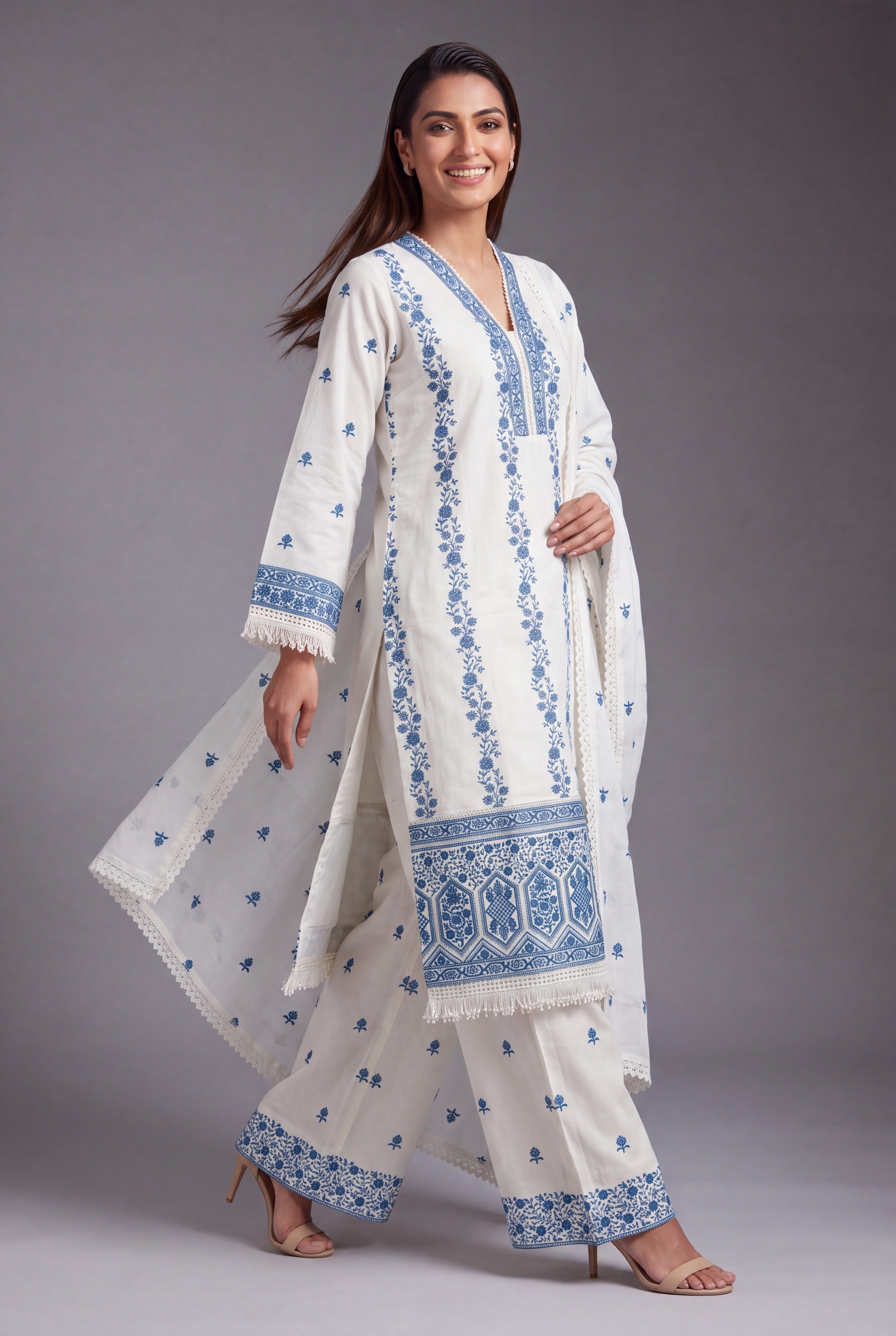 Cream Khadi Cotton Neelakusuma Suit Set with Cobalt threadwork, Sequin work and Palazzo pants