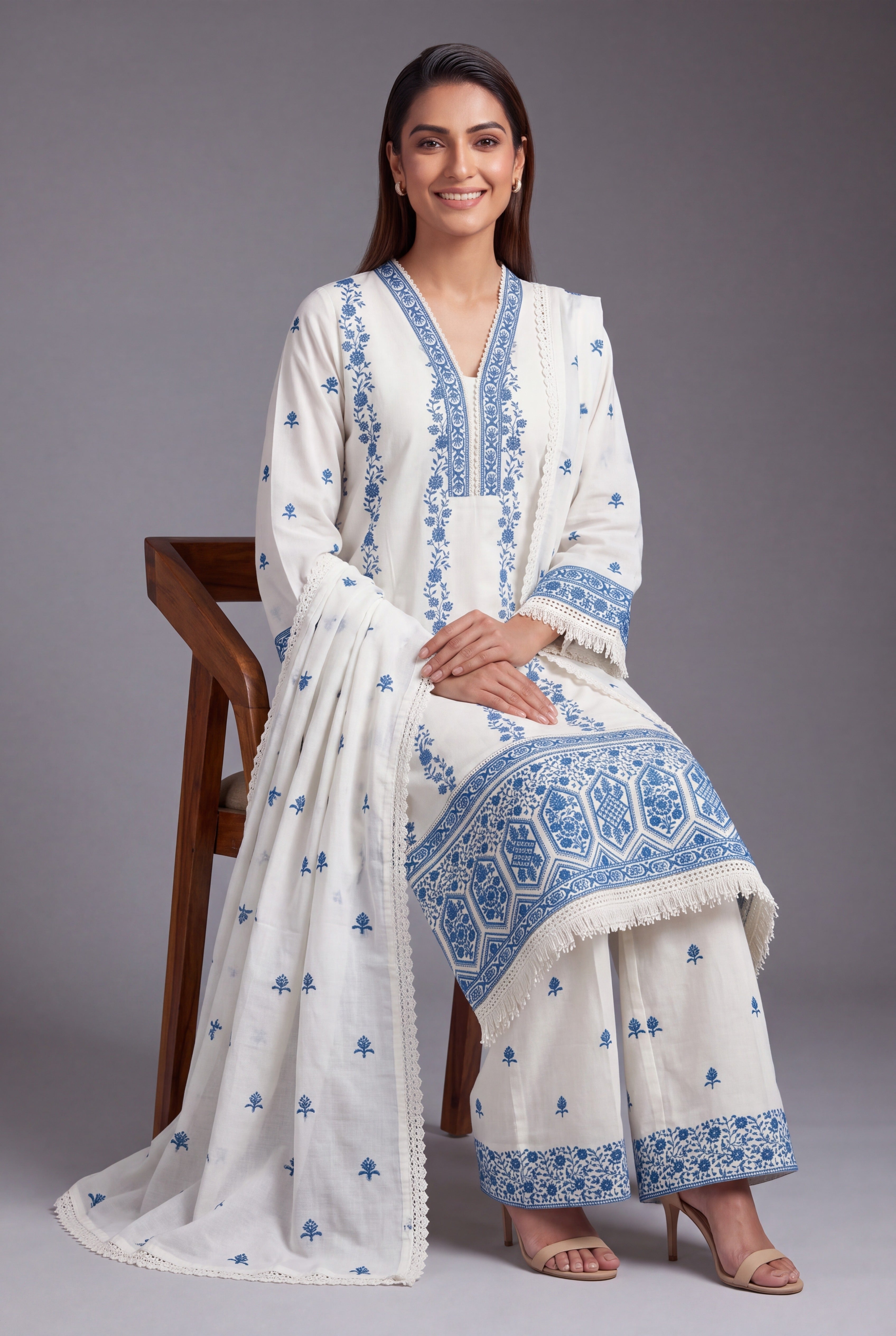 Cream Khadi Cotton Neelakusuma Suit Set with Cobalt threadwork, Sequin work and Palazzo pants