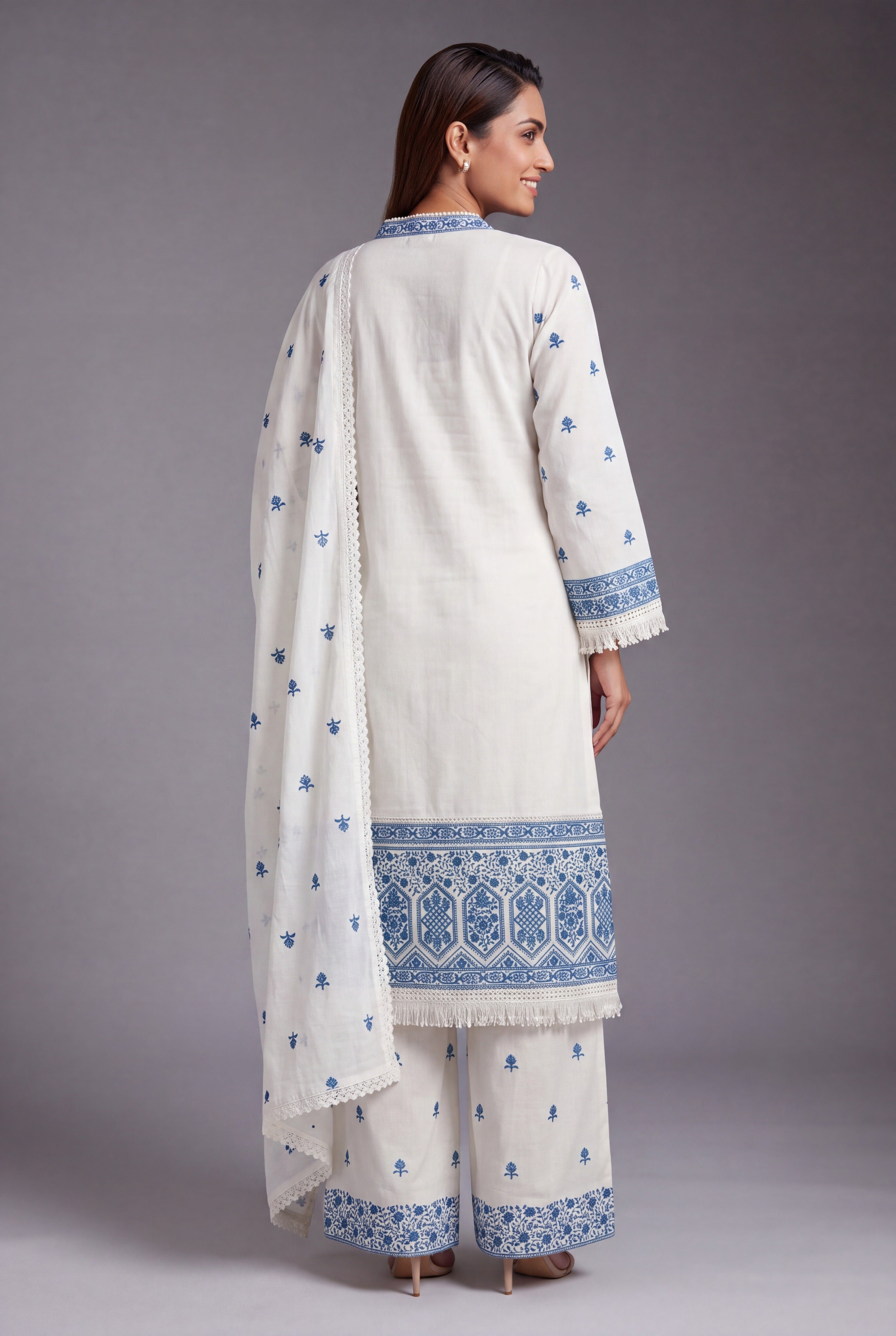 Cream Khadi Cotton Neelakusuma Suit Set with Cobalt threadwork, Sequin work and Palazzo pants