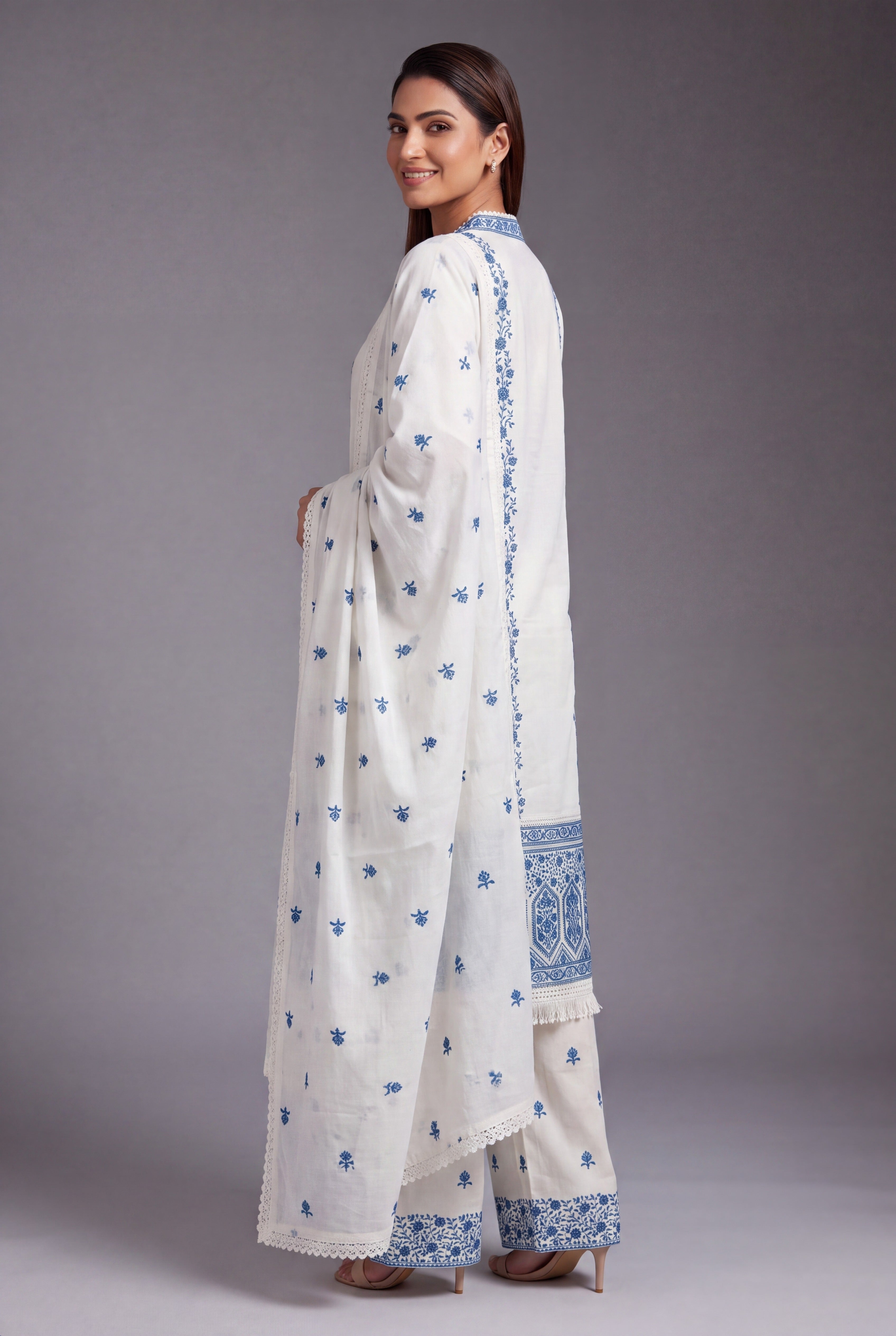 Cream Khadi Cotton Neelakusuma Suit Set with Cobalt threadwork, Sequin work and Palazzo pants
